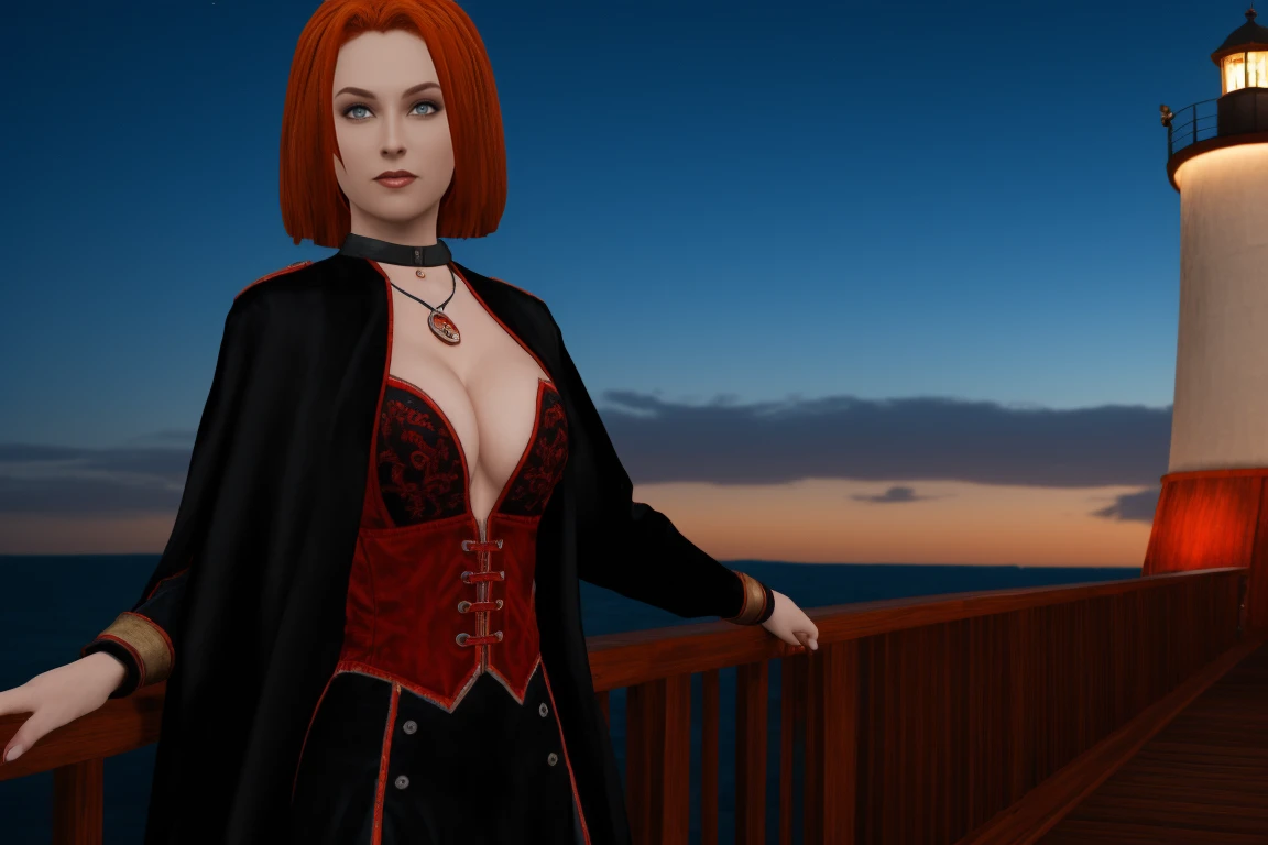 A stunning female rayneclassic stands poised on the weathered deck of a majestic ship at night in Miami. Her porcelain skin glows softly, illuminated by the warm light of the loghthouse. Delicate features and raven tresses frame her enigmatic smile as she gazes out to sea, the wind gently tousling her locks, (((wearing short skirt with long cloak and high boots, medium breasts, cleavage,))), short red hair, looking at the viewer, smiling, closeup portrait, good hands, short hair, red hair,rayneclassic