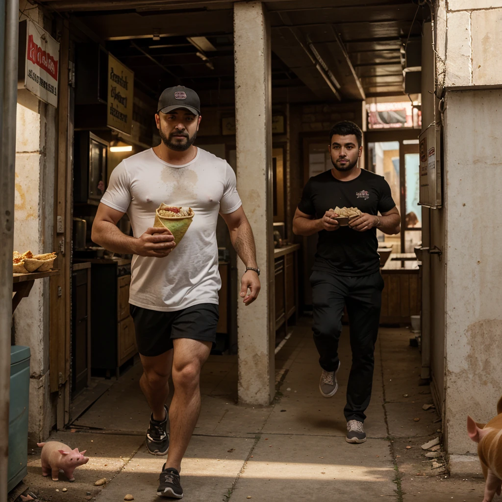 A man with shawarma in his hands runs away from a pig, escape from the pig, Shawarma, большая Shawarma, огромная Shawarma, man holding shawarma in two hands, a man quickly runs away from a pig, большая длинная Shawarma, shavuha is huge, lavash