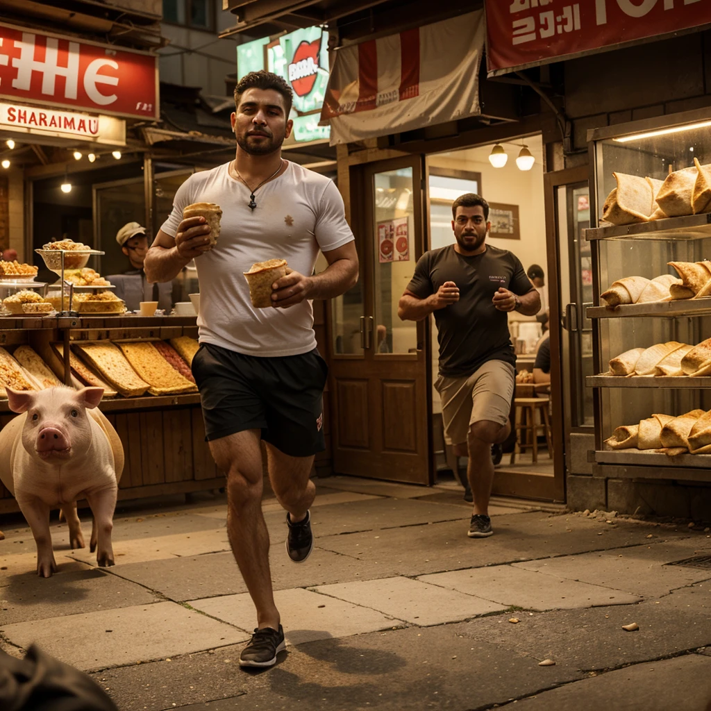 A man with shawarma in his hands runs away from a pig, escape from the pig, Shawarma, большая Shawarma, огромная Shawarma, man holding shawarma in two hands, a man quickly runs away from a pig, большая длинная Shawarma, shavuha is huge, lavash