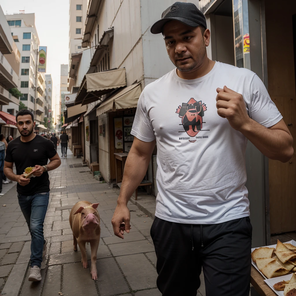 A man with shawarma in his hands runs away from a pig, escape from the pig, Shawarma, большая Shawarma, огромная Shawarma, man holding shawarma in two hands, a man quickly runs away from a pig