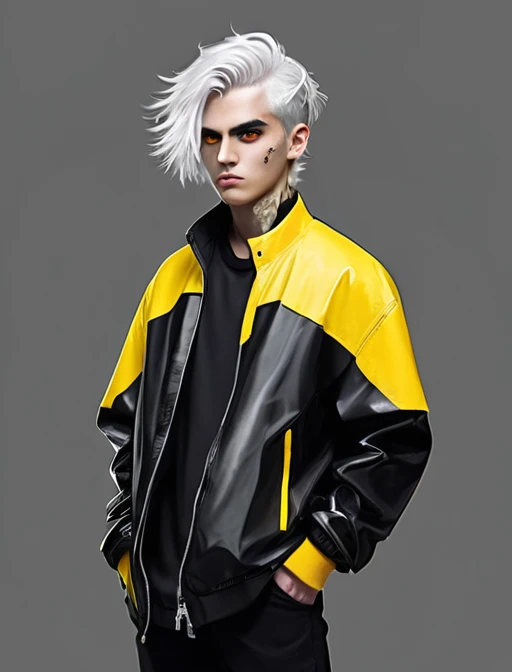 Cyberpunk,hyperrealistic, 1 boy with black and white hair,mitad de cuerpo, chaqueta larga negra,yellow background, yellow eyes