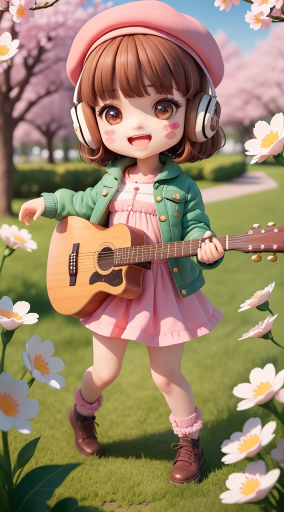 (masterpiece),(best quality),(ultra-detailed), (full body:1.2),
1girl,chibi,cute, smile, open mouth,
flower, outdoors, playing guitar, music, beret, holding guitar, jacket, blush, tree, :3, shirt, short hair, cherry blossoms, green headwear, blurry, brown hair, blush stickers, long sleeves, bangs, headphones, black hair, pink flower,
(beautiful detailed face), (beautiful detailed eyes),