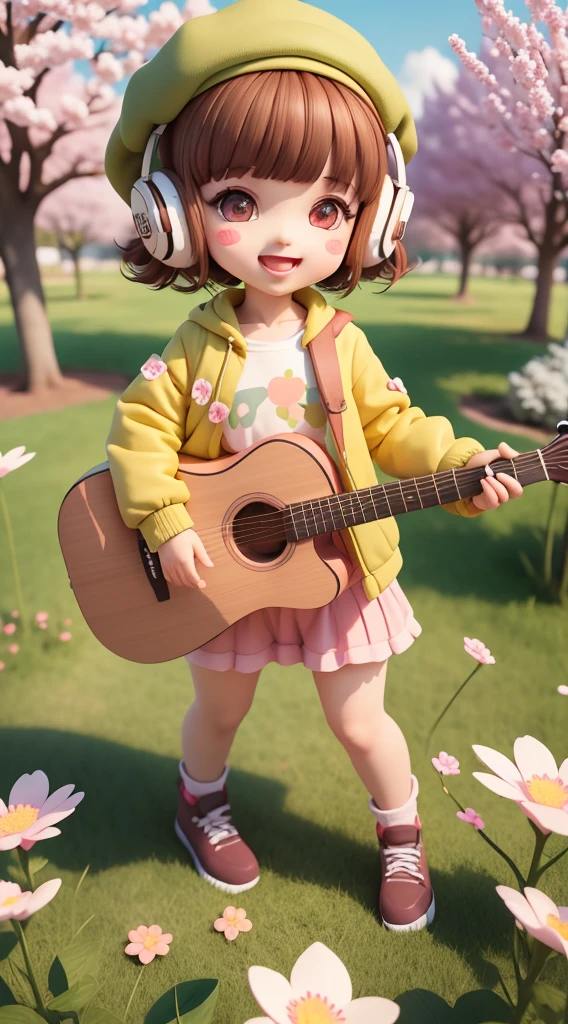 (masterpiece),(best quality),(ultra-detailed), (full body:1.2),
1girl,chibi,cute, smile, open mouth,
flower, outdoors, playing guitar, music, beret, holding guitar, jacket, blush, tree, :3, shirt, short hair, cherry blossoms, green headwear, blurry, brown hair, blush stickers, long sleeves, bangs, headphones, black hair, pink flower,
(beautiful detailed face), (beautiful detailed eyes),