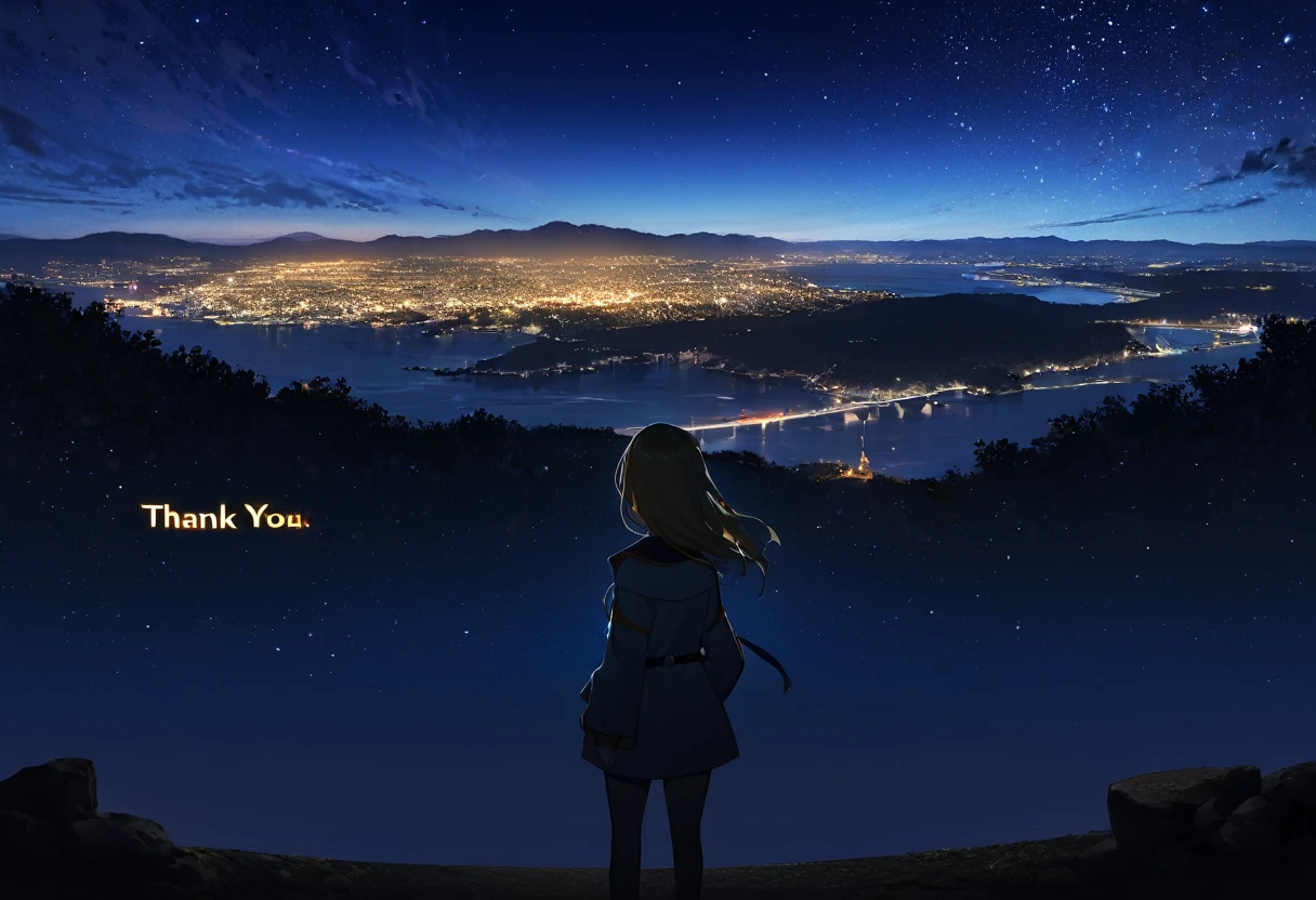 (((zoom out))),8k,((Highest quality)),((high-res)),((shot from behind)),night,She stands front of a beautiful landscape ,thank you!