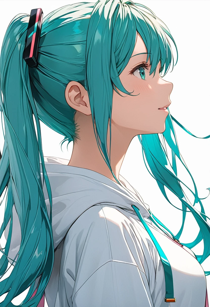 Hatsune Miku、White hoodie、profile、Look Up、Upper Body、Highest quality、Masterpiece