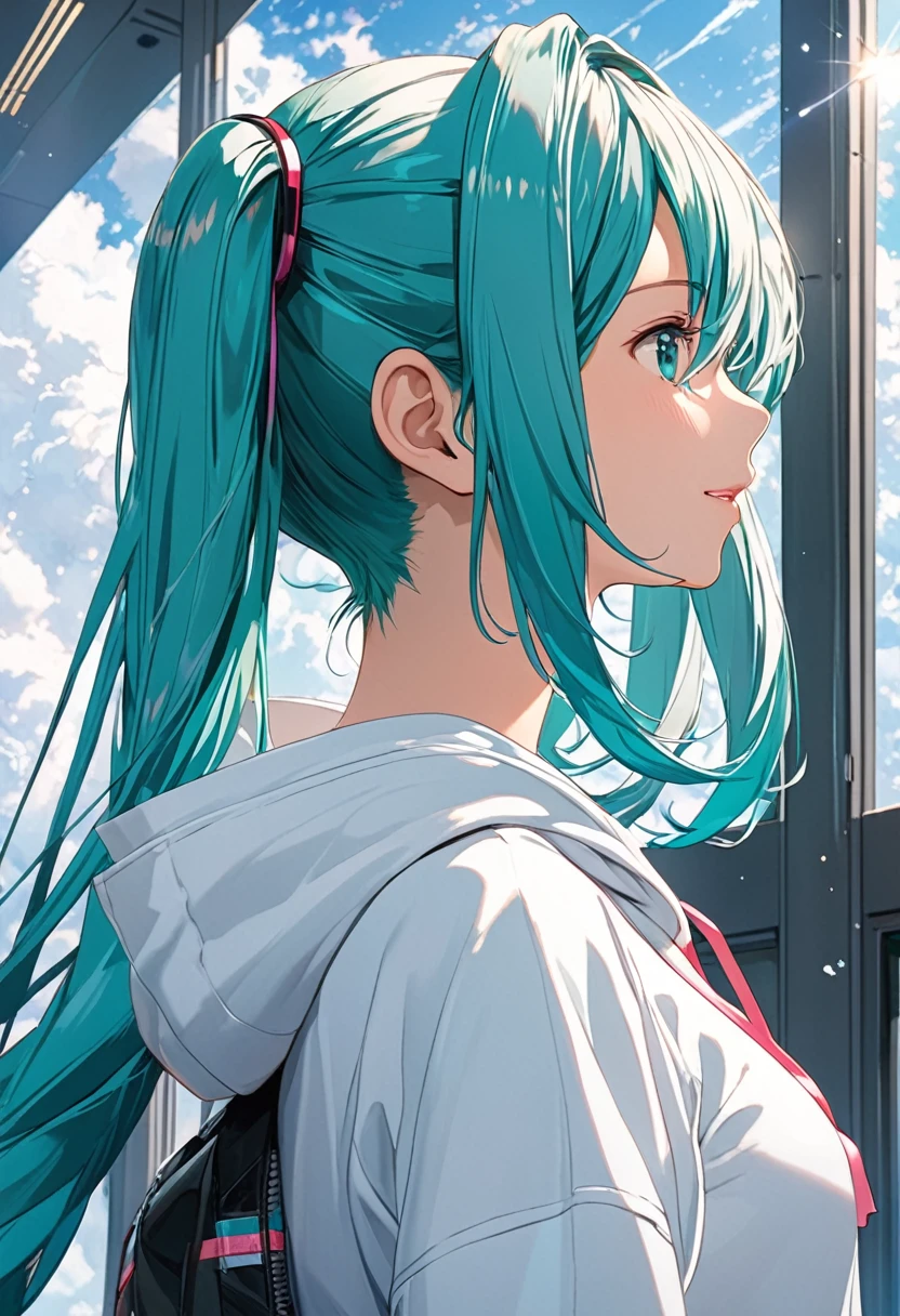 Hatsune Miku、White hoodie、profile、Look Up、Upper Body、Highest quality、Masterpiece