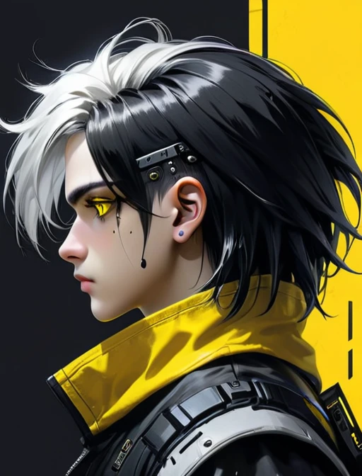 Cyberpunk,hyperrealistic, 1 boy with black and white hair,Profile,yellow background, yellow eyes