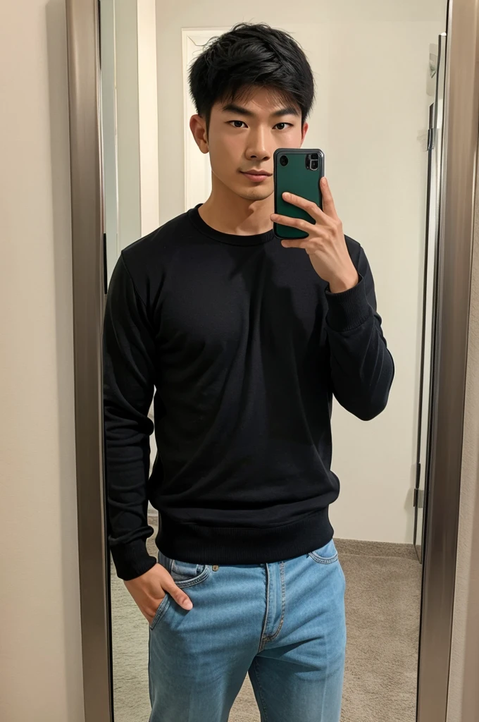 Handsome asian Guy taking mirror selfie with hiding face 