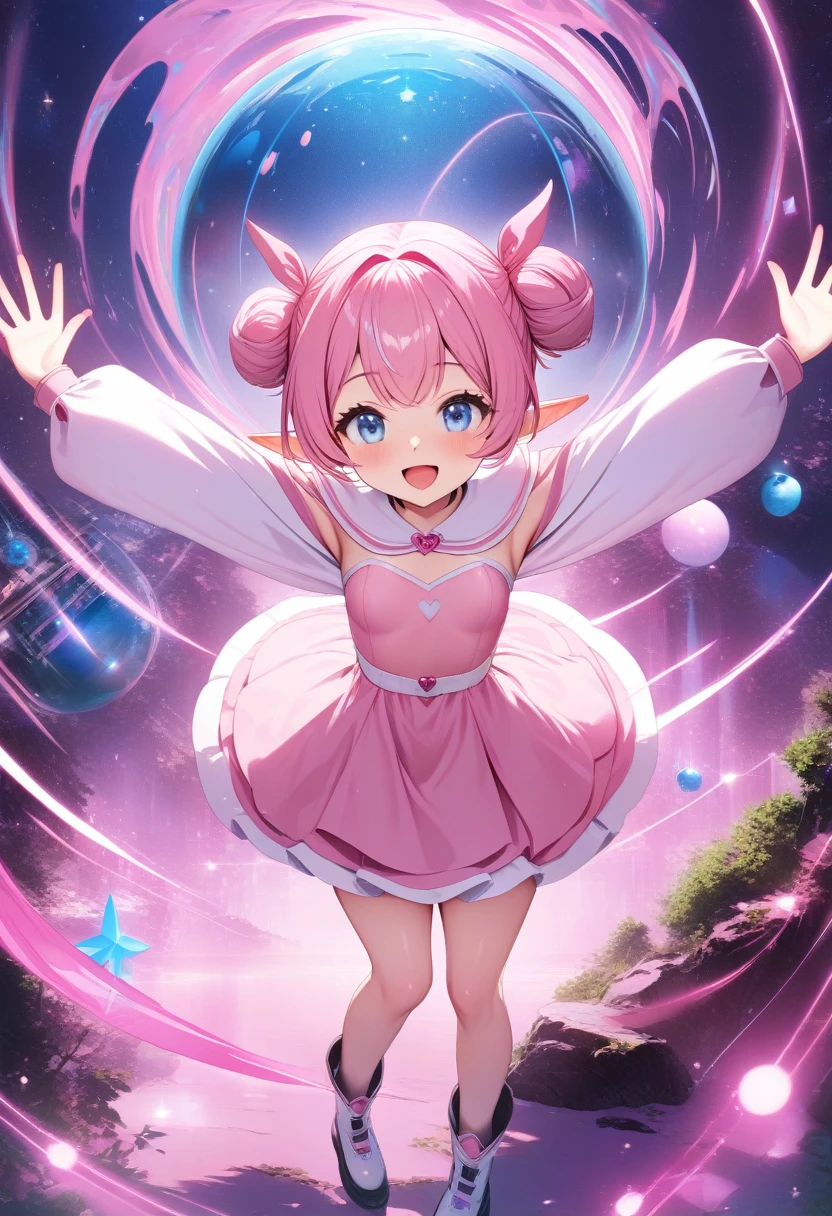 1girl, :D, open arms, surrounded by pink magic, cute alien, elf ears, blue eyes, pink alien tail, natural small breasts, sci-fi, pink dress, long sleeves, light-pink hair, hair buns, pink magical forest, masterpiece quality, ultra HD, 4K, best quality,