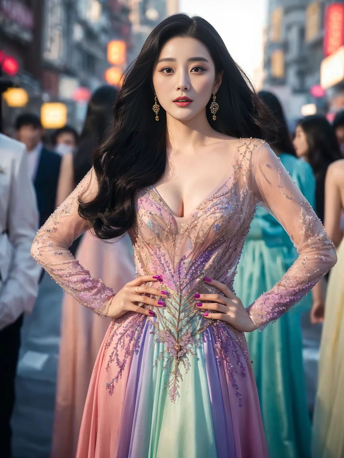 Arapé woman in colorful dress standing on a crowded street, Fan Bingbing, Li Bing Bing, resin drainage, beautiful korean girl, Korean female actresses, zenith castle, Wearing a fancy dress, chinese princess, chinese dress, Jaeyeon Nam, Wearing an evening gown, Hwang Se-on, Axiom Li, Gorgeous young Korean woman, wearing a wonderful dress