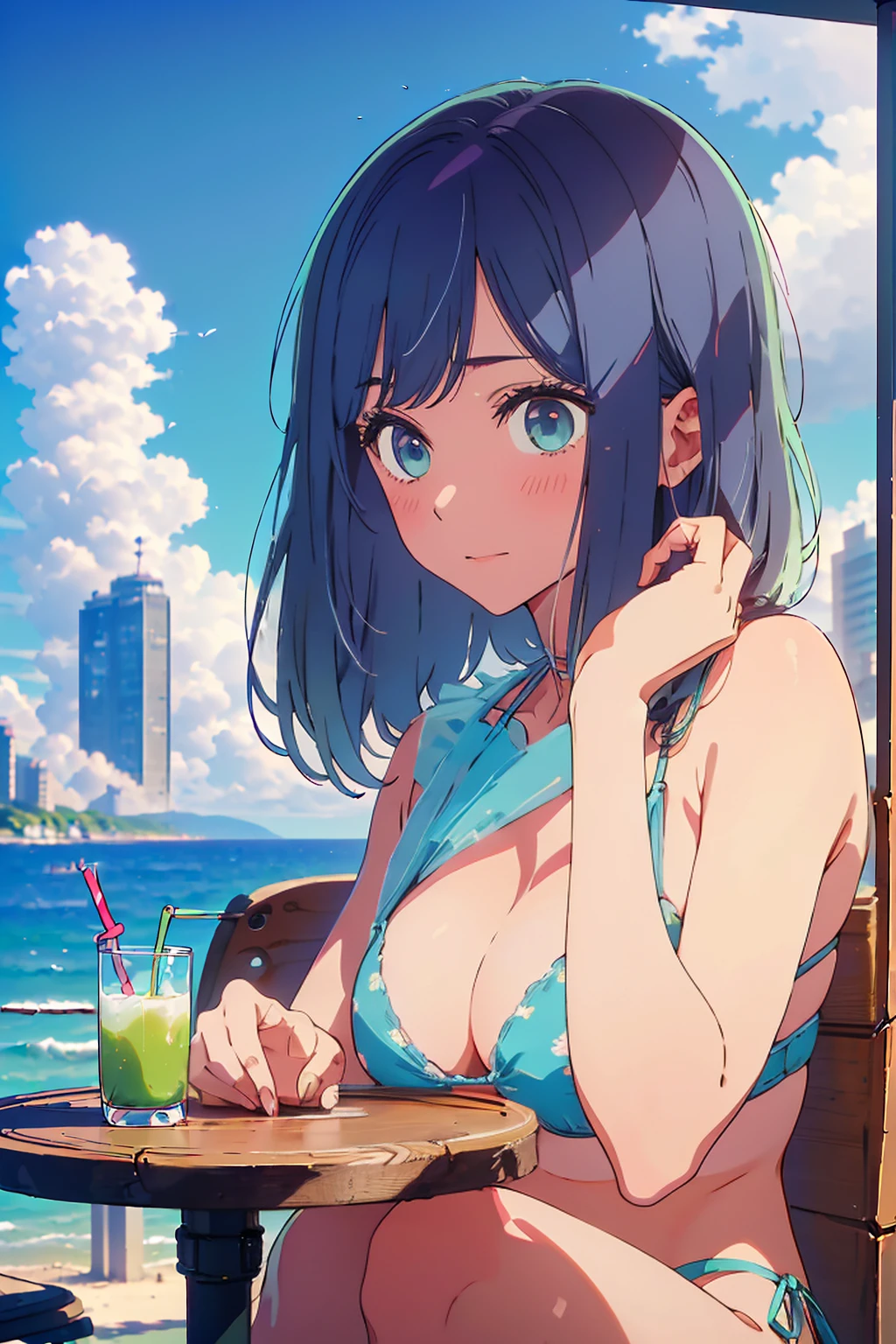 (Highest quality:1.4、masterpiece:1.4、Super detailed:1.4、8K:1.4)、F cup bust、Big Breasts、Slim body、((((1 person、Surprised expression、sit、Chair、In the background are the urban buildings of Tokyo、looking at the camera、Outdoor café terrace、coastal、Navy hair color、juice、table、Shooting up close、Very cute face))))、(Pose of putting hair behind ears with hands:1.4、Cheek resting on hand:1.4）、((nude、Areola、bikini))、Very blue sky、A completely cloudless sky、Big eyes、((((Shallow depth of field))))、Pink Lips