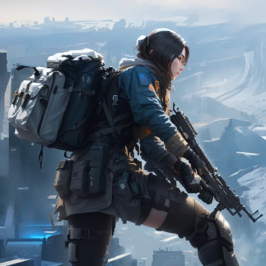A person carrying a backpack、Woman with a gun,Game concept art, Future soldiers, Similar to Ernest Khalimov's concept art, Sci-fi soldier, epic scifi character art, epic scifi character art,, Stunning sci-fi concept art,