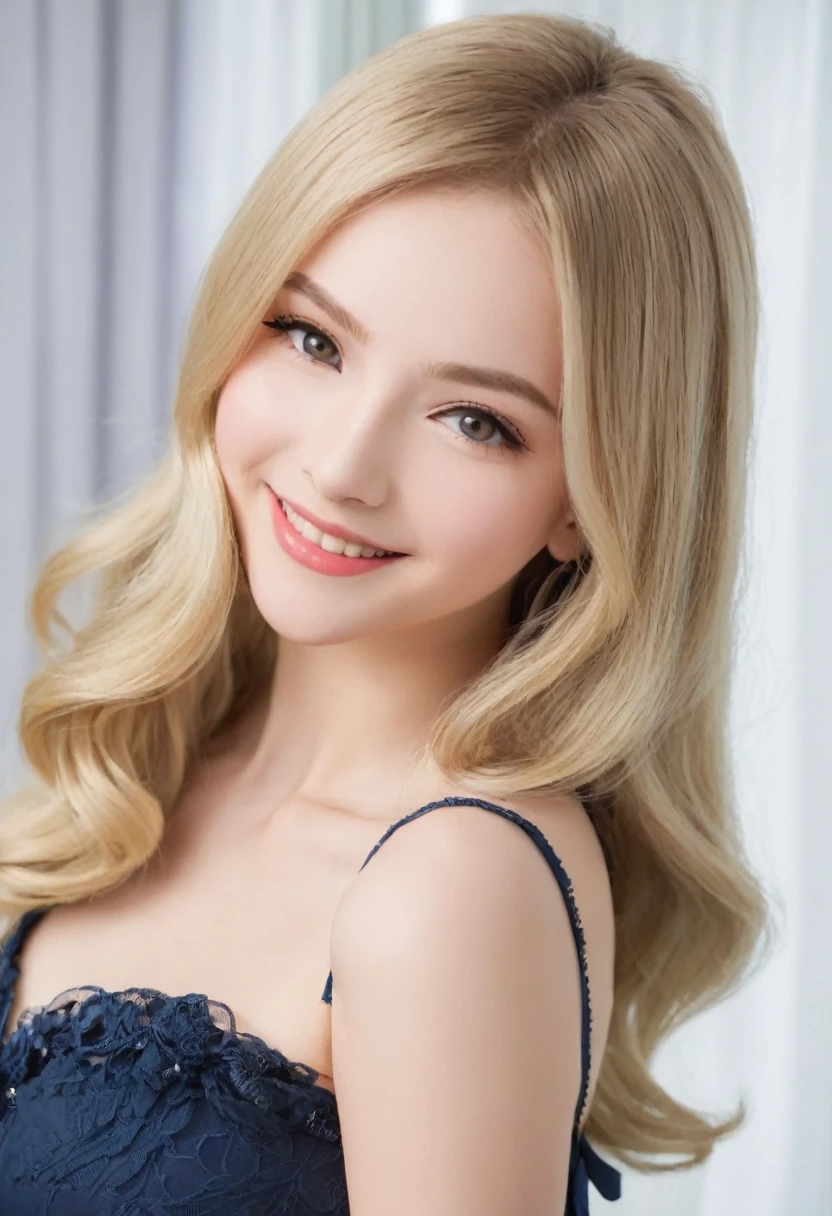 Leila、18-year-old、(Russian women)、(Thin contours:1.3)、(Grey Eyes:1.8)、(Realistic bust size 90cm:1.3)、(Narrow waist)、(Natural blonde medium long hair:1.3)8-head-tall model style、Long dress、Inside the room、smile