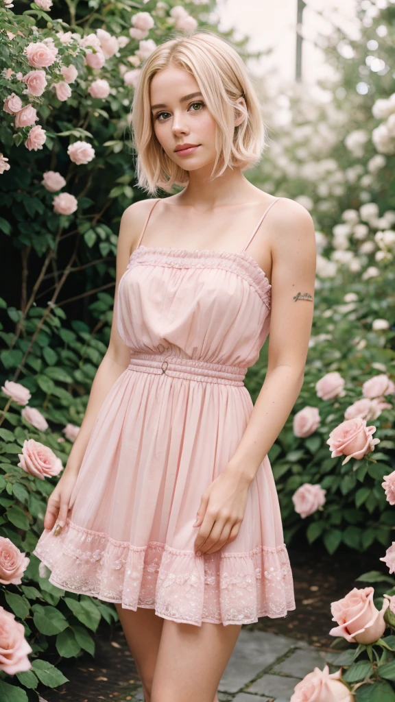 8k, RAW photo, Fujifilm, style photo of a beautiful young woman as avril in a garden of light pink roses (highly detailed skin: 1.2) Style-Petal BREAK short hair, blonde hair with colored locks, wearing a dress, film granulation, 35mm, cute style