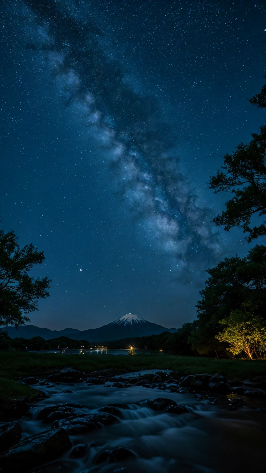 川と山のある風景を描いた星Moonlit Night画,   Starry Skyの夜,  Night view, Moonlit Night, Twinkling distant stars, Natural scenery at night, moonlight, Moonlit Nightscape, Stars shining in the distance, Starry Sky, Mystical Night