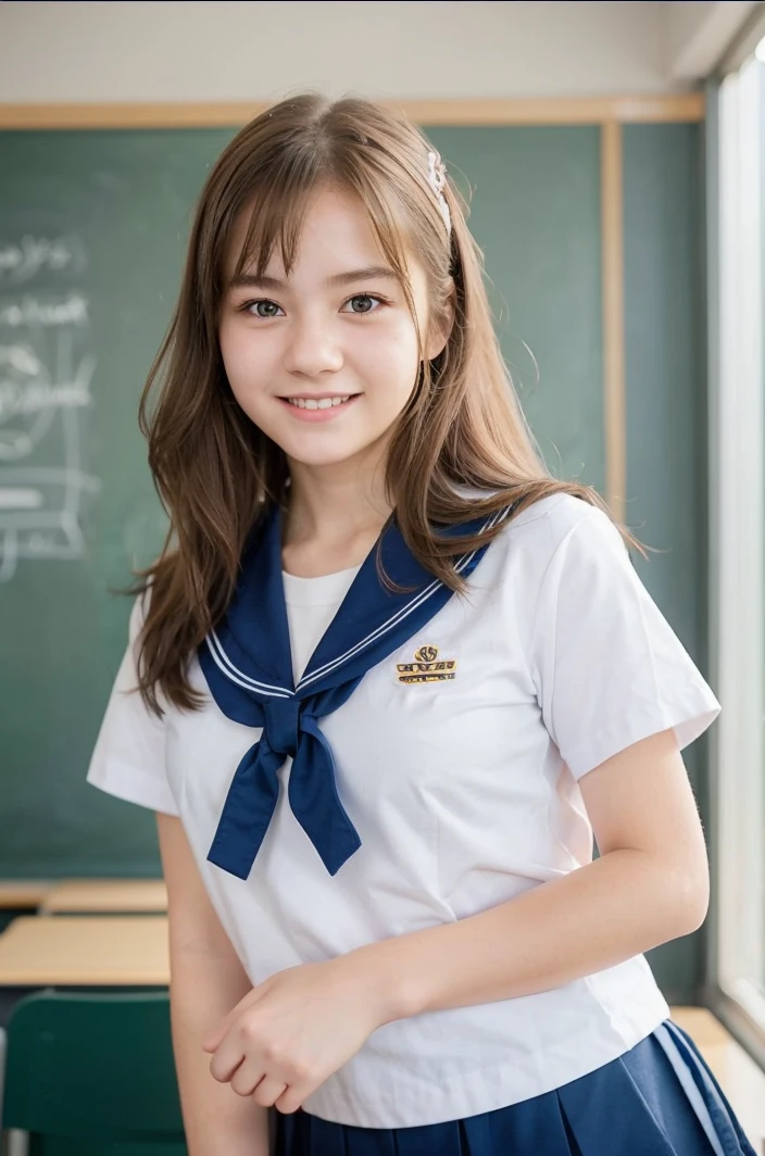 2girl, cute, 16 years old, smiling, look at viewer, sailor uniform, seifuku, photo, realistic, best quality, hires, detailed face, classroom, detailed background, diffused lighting, depth of field, bokeh