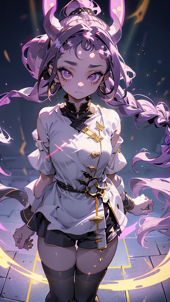boy, thoughtful look, open forehead, black and purple hair braided into a ponytail on the left side in a bun. small curly black horns wrapped in white ribbon, pale violet eyes, short dark purple shorts. Long white t-shirt. dark purple knee socks. dark purple hooded robe, with a pattern of gold circles and a white robe on the inside. dark corridor with stairs, rays of light fall from above