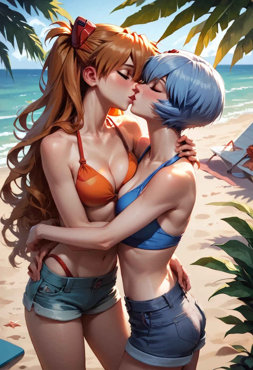 score_9, score_8_up, score_8_up, source_anime, 2girls, (Asuka Langley Soryu, orange hair, long flowing hair:1.0), (Rei Ayanami, blue hair, short bob hair:1.0), girlfriends, hair ornament, flowing hair, cleavage, bikini top, shorts, beach, outdoors, standing, hugging, kissing, blush.