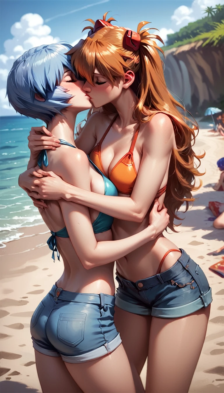 score_9, score_8_up, score_8_up, source_anime, 2girls, (Asuka Langley Soryu, orange hair, long flowing hair:1.0), (Rei Ayanami, blue hair, short bob hair:1.0), girlfriends, hair ornament, flowing hair, cleavage, bikini top, shorts, beach, outdoors, standing, hugging, kissing, blush.