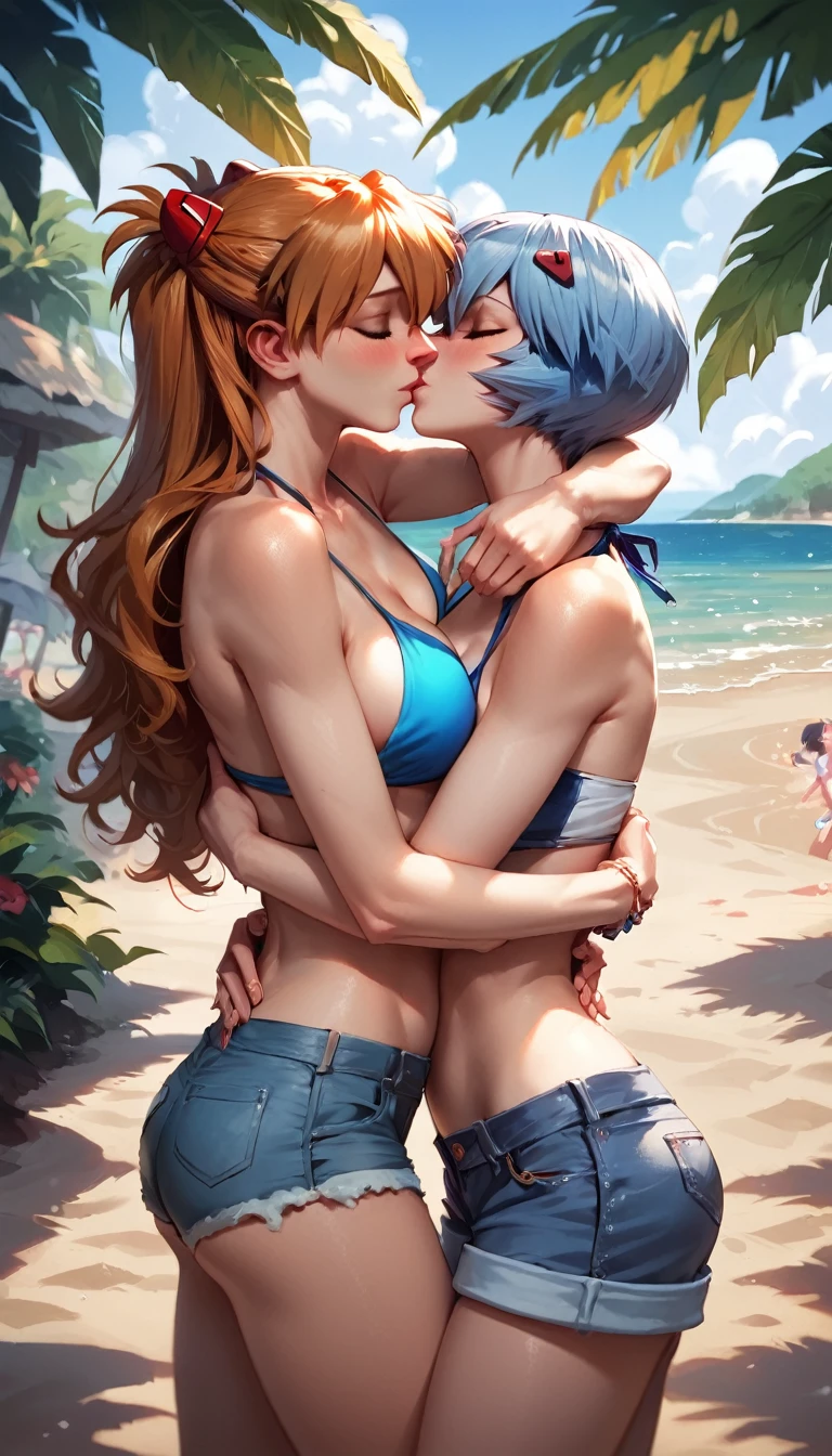 score_9, score_8_up, score_8_up, source_anime, 2girls, (Asuka Langley Soryu, orange hair, long flowing hair:1.0), (Rei Ayanami, blue hair, short bob hair:1.0), girlfriends, hair ornament, flowing hair, cleavage, bikini top, shorts, beach, outdoors, standing, hugging, kissing, blush.