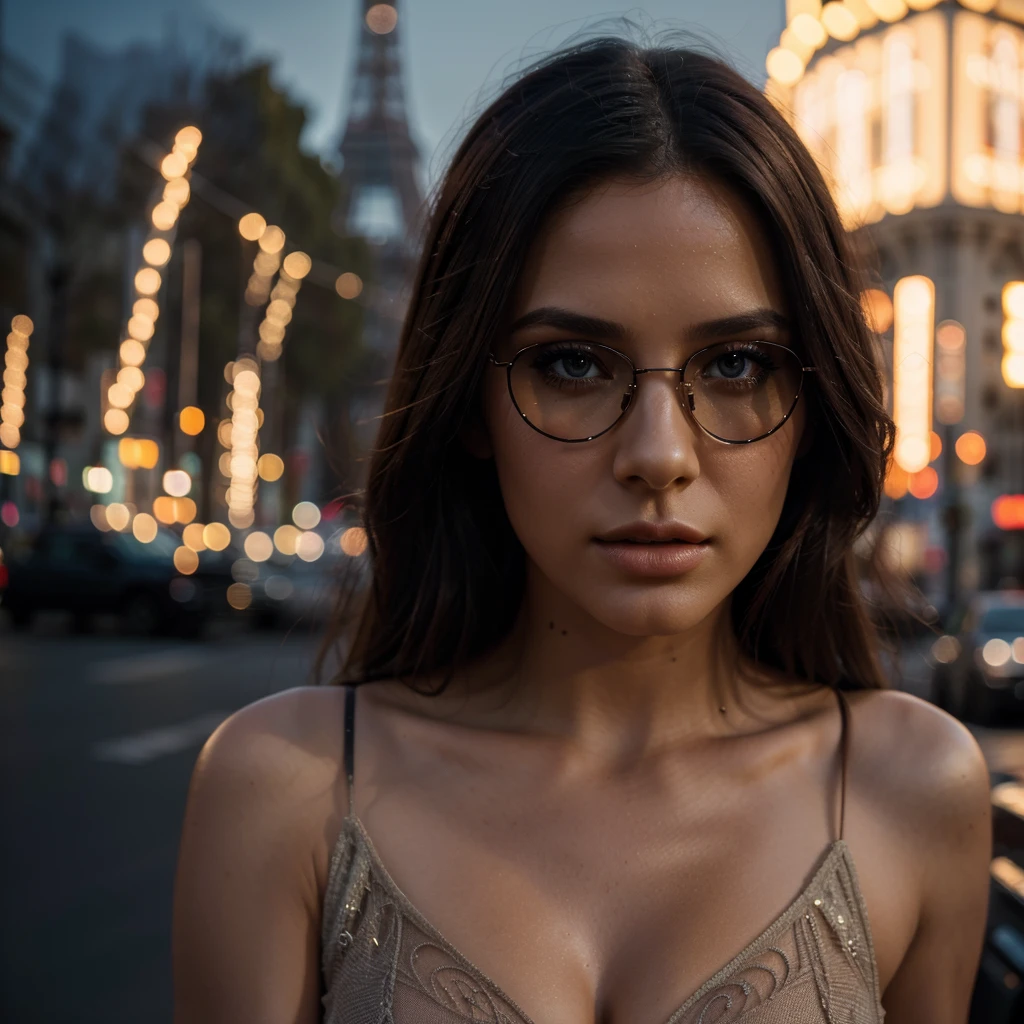 a woman in Paris, Eiffel Tower in the background, wearing sunglasses, posing as a model, wearing a low-cut shirt, solo, (best quality,4k,8k,highres,masterpiece:1.2),ultra-detailed,(realistic,photorealistic,photo-realistic:1.37),detailed facial features,beautiful detailed eyes,beautiful detailed lips,extremely detailed eyes and face,longeyelashes,cinematic lighting,dramatic lighting,warm color tones,vibrant colors,photoshoot,editorial style,fashion photography,elegant,atmospheric,moody