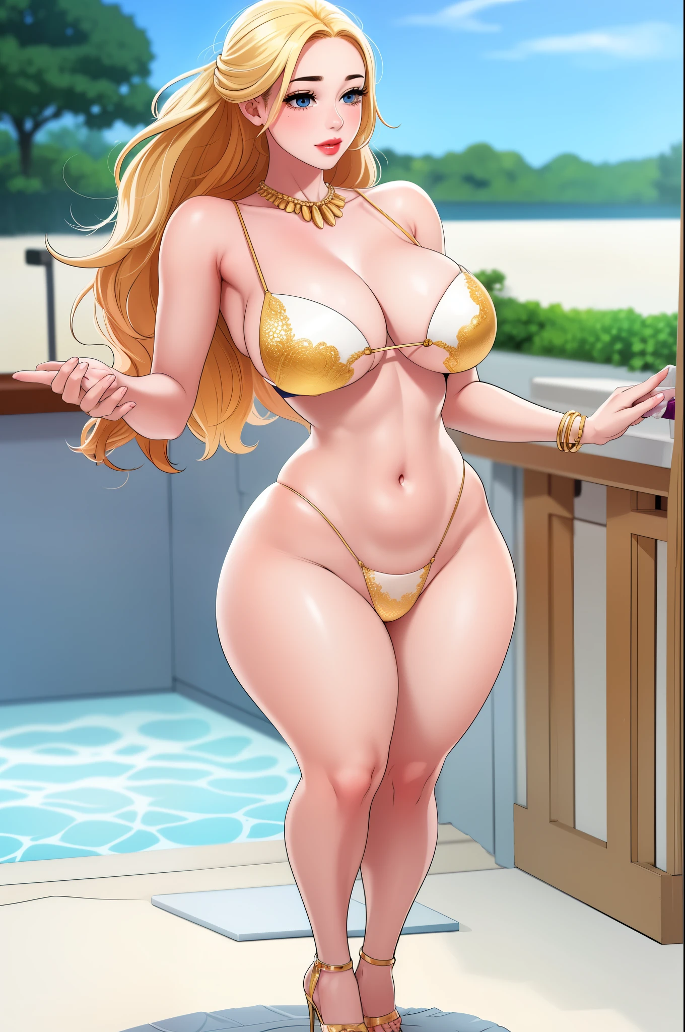 An extremely beautiful stunning voluptuous woman, with gold blonde long silky hair, big blue oceanic eyes, extremely super bright snow white fair stunning flawless glowing lush shiny white complexion, flawless skin, a perfect tight hourglass figure, and a skinny waist, sexy thick smooth luscious legs and thighs, wearing a short sexy loose revealing purple bikini, yellow heels, gold necklace on the neck, gold anklets on feet, gold chain on the waist, standing straight, extremely cute smile on the face, bright pink blushes on cheeks, holding a pink purse, beach in the background, show full body from head to feet.
