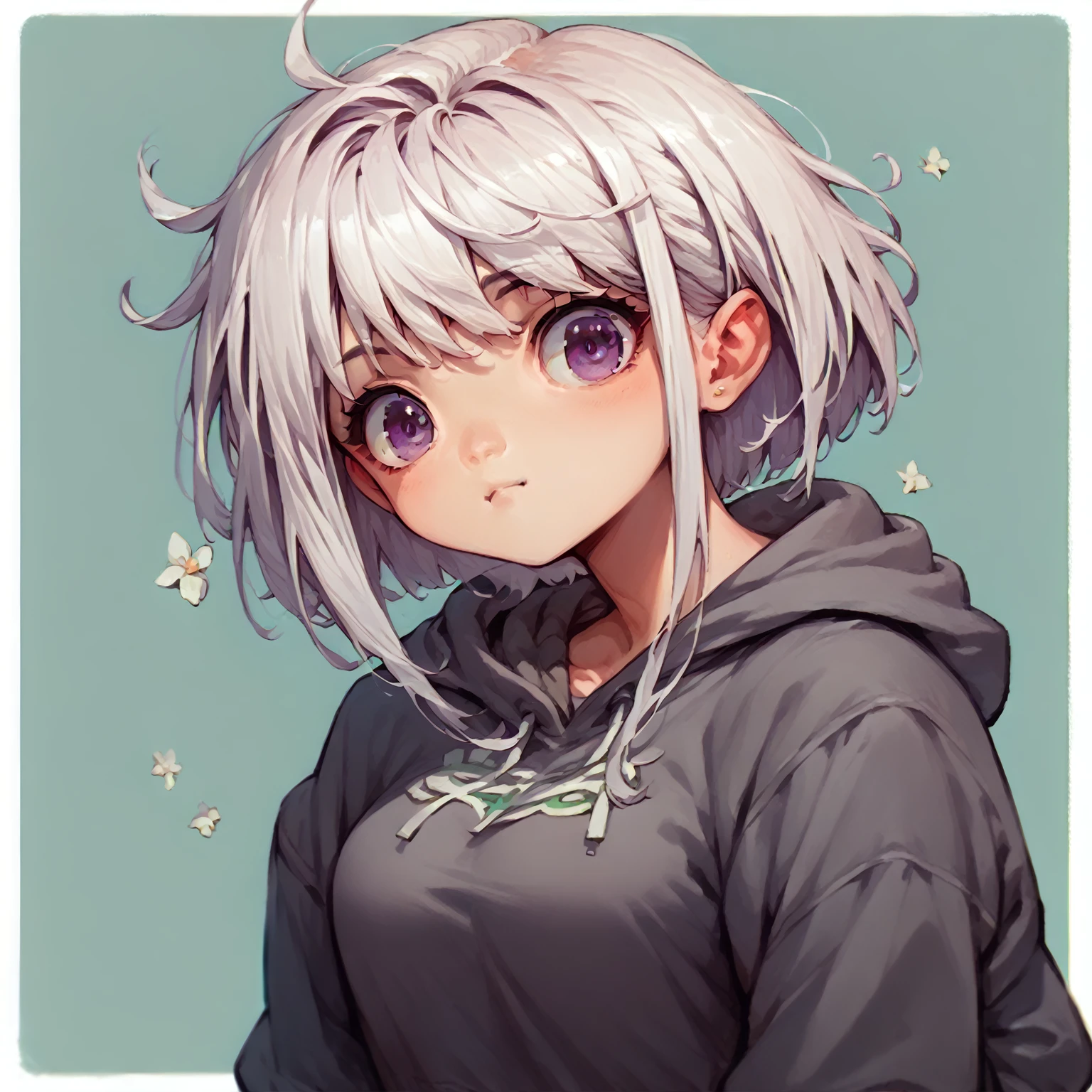 a cartoon of a girl with white hair and purple eyes, [[[[grinning wickedly]]]], anime moe art style, she has a cute and expressive face, in anime style, anime girl named Lucy, cute anime face, in a sweatshirt preto, extremely cute anime girl face, grinning lasciviously, cute anime girl portraits, in a sweatshirt((breasts big))