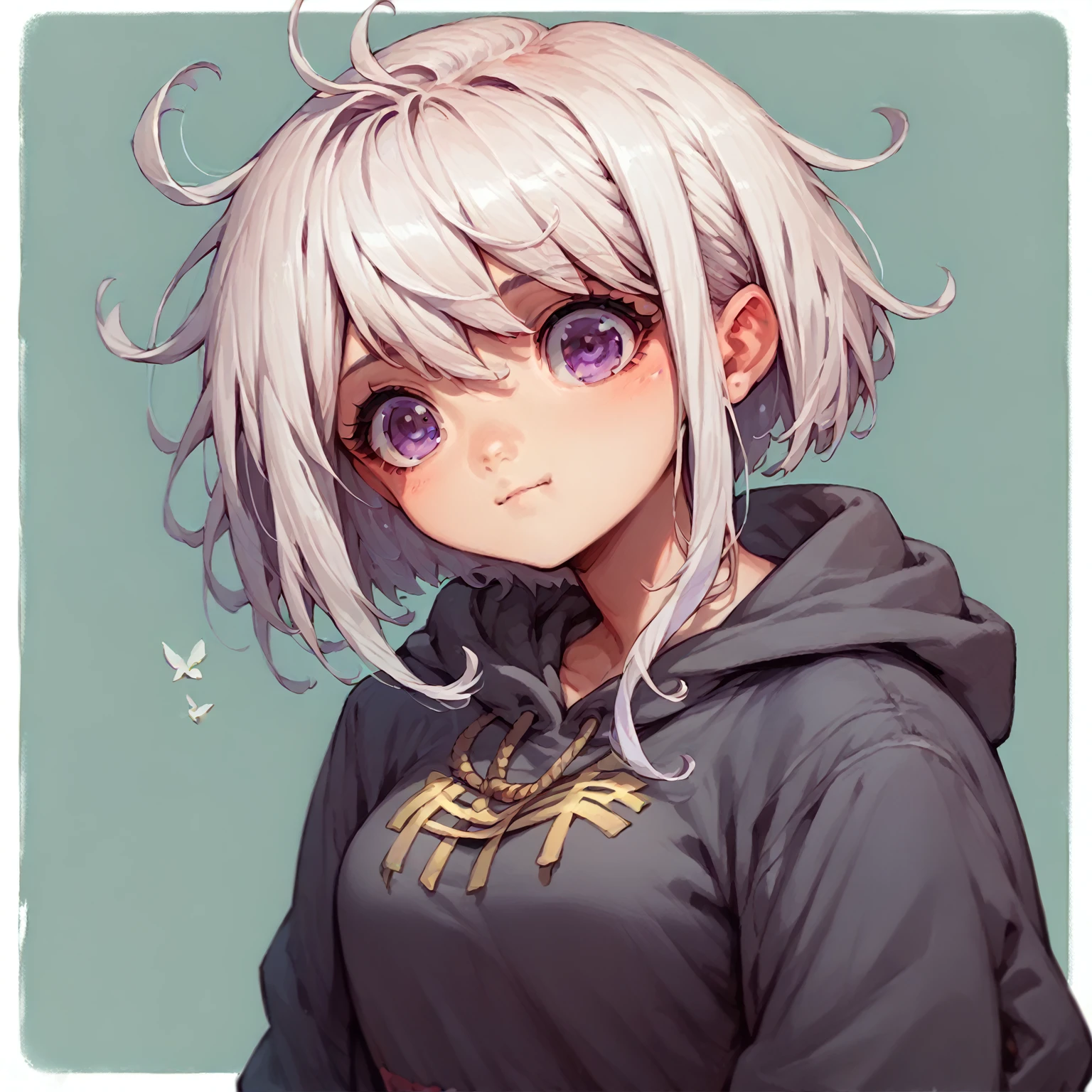 a cartoon of a girl with white hair and purple eyes, [[[[grinning wickedly]]]], anime moe art style, she has a cute and expressive face, in anime style, anime girl named Lucy, cute anime face, in a sweatshirt preto, extremely cute anime girl face, grinning lasciviously, cute anime girl portraits, in a sweatshirt((breasts big))