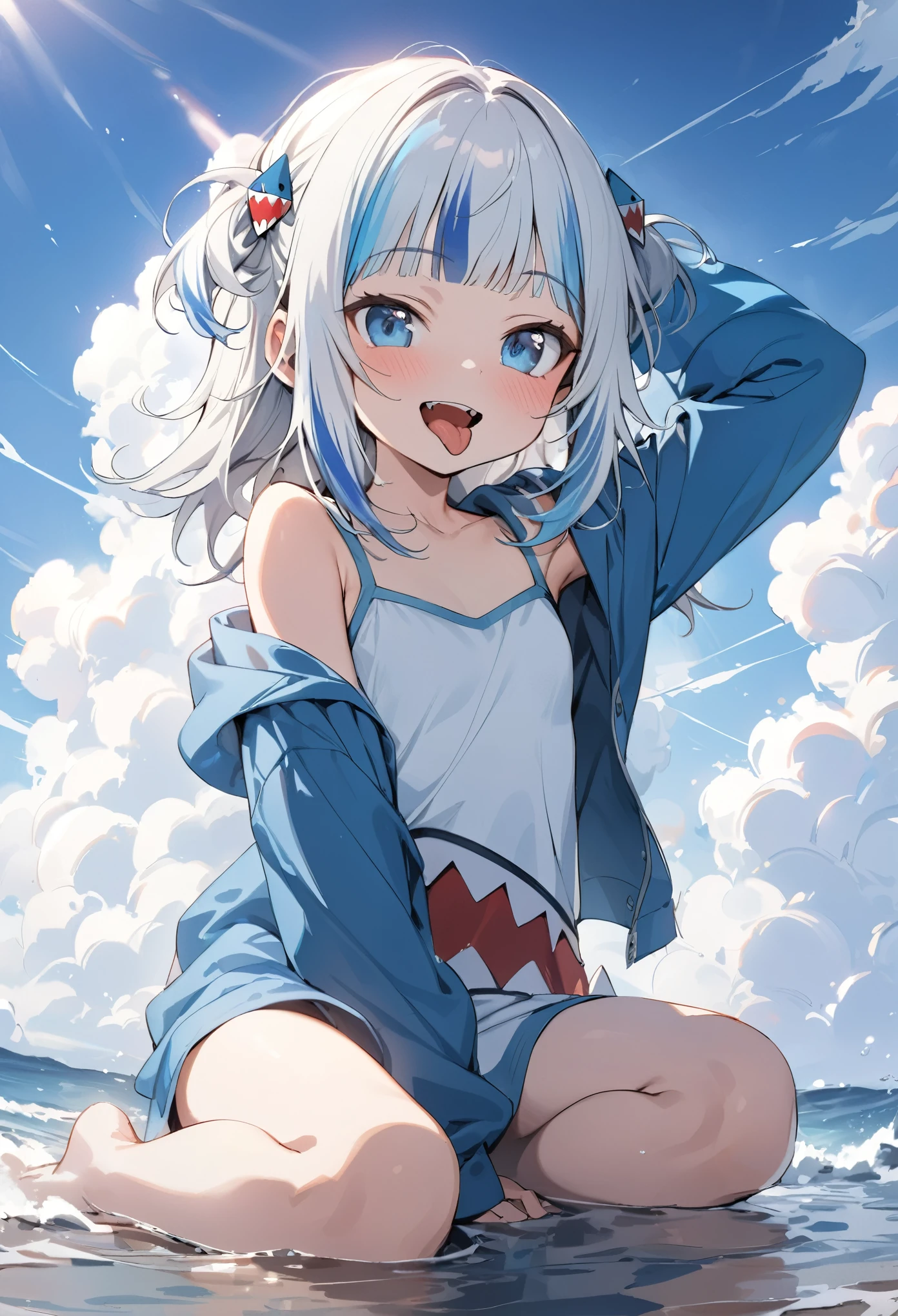 ((Gawr gura)), ((Masterpiece)), ((best quality)), (Anime:1.3), (super detail:1.2),(High Definition:1.3), (Professional Photography:1.2), Textured skin, cinematic lighting, (12 years old), (full body), 1girl, (Cute teenage beautiful Girl), beautiful eyes, ((looking at another)), (Beautiful daiamond eyes:1.5), Pale silver hair, outside curl hair, medium hair, ((sticking out tongue)), naughty smile, (Open mouth wide), ((pure blue hoodie)), Slender body, small breasts, Beautiful small breasts, BREAK, ((best quality)), (super detail:1.2),  (full body), ((loose arm up)), (loose sitting on the shoreline at dawn), cumulonimbus cloud, summer day, (super detail), (sharp focus), (perfect light), gawr gura,