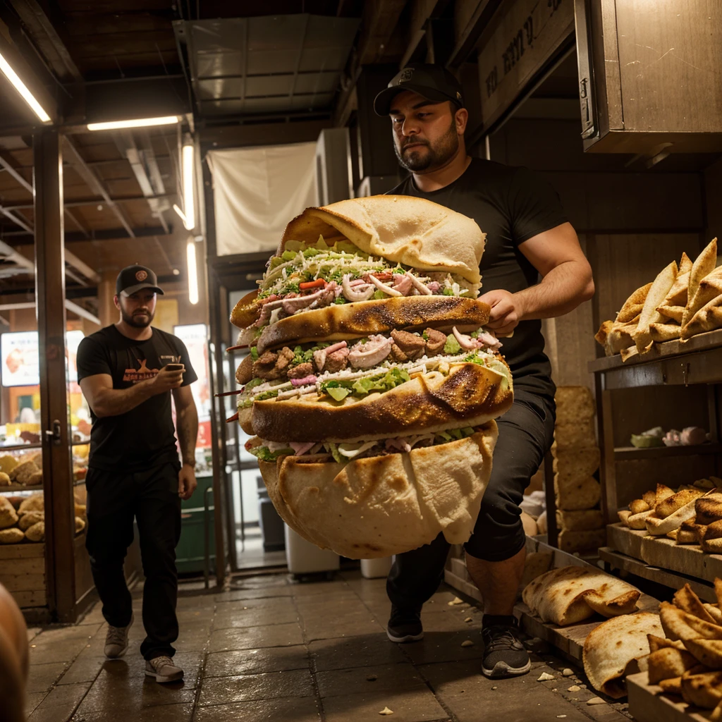 A man with shawarma in his hands runs away from a pig, escape from the pig, Shawarma, большая Shawarma, огромная Shawarma, man holding shawarma in two hands, a man quickly runs away from a pig, большая длинная Shawarma, shavuha is huge, lavash, huge pig