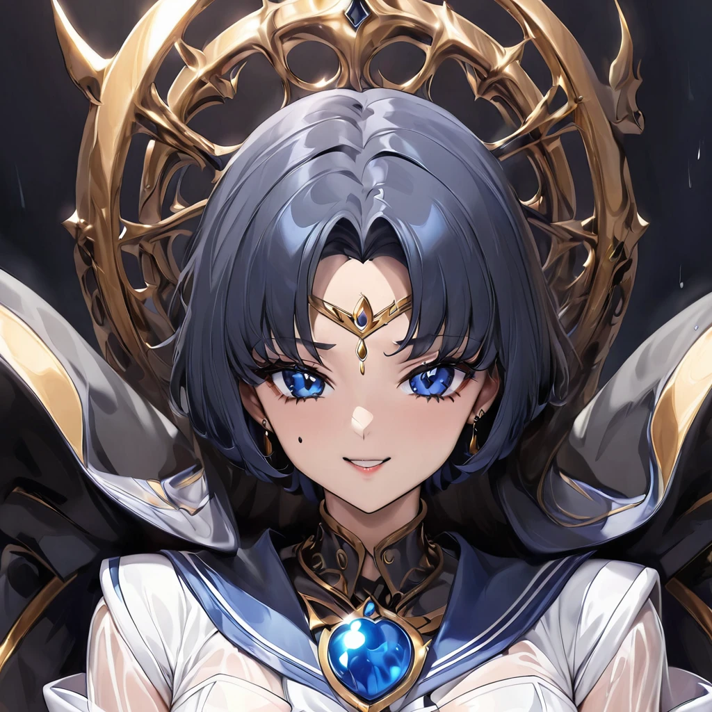 ((Highest quality)), ((masterpiece)), (detailed), (Perfect Face)、Black moon mark on forehead、The woman is Sailor Mercury, the noble dark queen of the Black Moon clan and the Black Moon, with short blue bob hair, and is sitting on a luxurious throne.、The woman has a black inverted crescent moon mark on her forehead, is wearing a gorgeous, glittering black gothic Victorian dress, a black veil and a black see-through cape, and is wearing luxurious jeweled accessories. She is the Queen of Darkness, Sailor Mercury, looking at the camera with a happy expression, and has the expression of a girl in love.