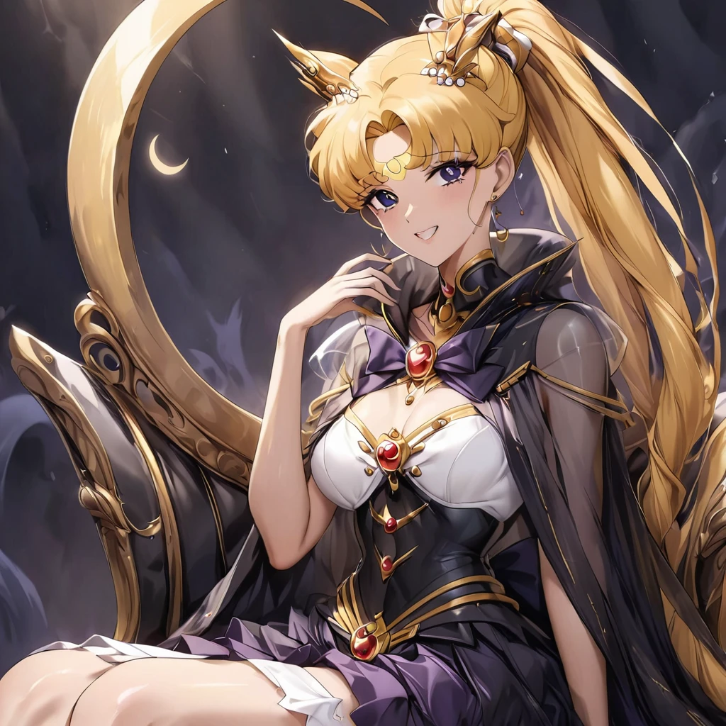 ((Highest quality)), ((masterpiece)), (detailed), (Perfect Face)、Black moon mark on forehead、The woman is Black Serenity, the noble dark queen of the Black Moon clan and has blonde hair.2A woman with long hair tied up in a ponytail is Princess Serenity, sitting on a luxurious throne.、The woman has a black inverted crescent moon mark on her forehead, a gorgeous, glittering long lolita gothic Victorian dress with a black veil and a black see-through cape, and is wearing luxurious jeweled accessories. She is the queen of darkness, the jet-black Princess Serenity, looking at the camera with a happy expression, and has the expression of a maiden in love.