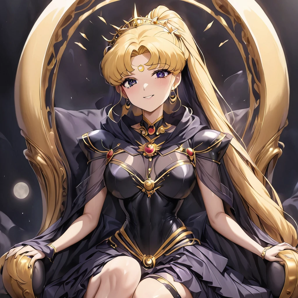 ((Highest quality)), ((masterpiece)), (detailed), (Perfect Face)、Black moon mark on forehead、The woman is Black Serenity, the noble dark queen of the Black Moon clan and has blonde hair.2A woman with long hair tied up in a ponytail is Princess Serenity, sitting on a luxurious throne.、The woman has a black inverted crescent moon mark on her forehead, a gorgeous, glittering long ta gothic Victorian dress with a black veil and a black see-through cape, and is wearing luxurious jeweled accessories. She is the queen of darkness, the jet-black Princess Serenity, looking at the camera with a happy expression, and has the expression of a maiden in love.