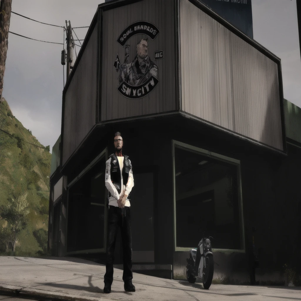 there is a man standing in front of a motorcycle shop, as a character from gtav, sitting on cyberpunk motorbike, gta character, gta v street style, gta5 style, style of gta v, in front of a garage, gta 6 style, style of gta v artworks, mechanic punk outfit, gta v character, as the protagonist of gta 5, gta v style