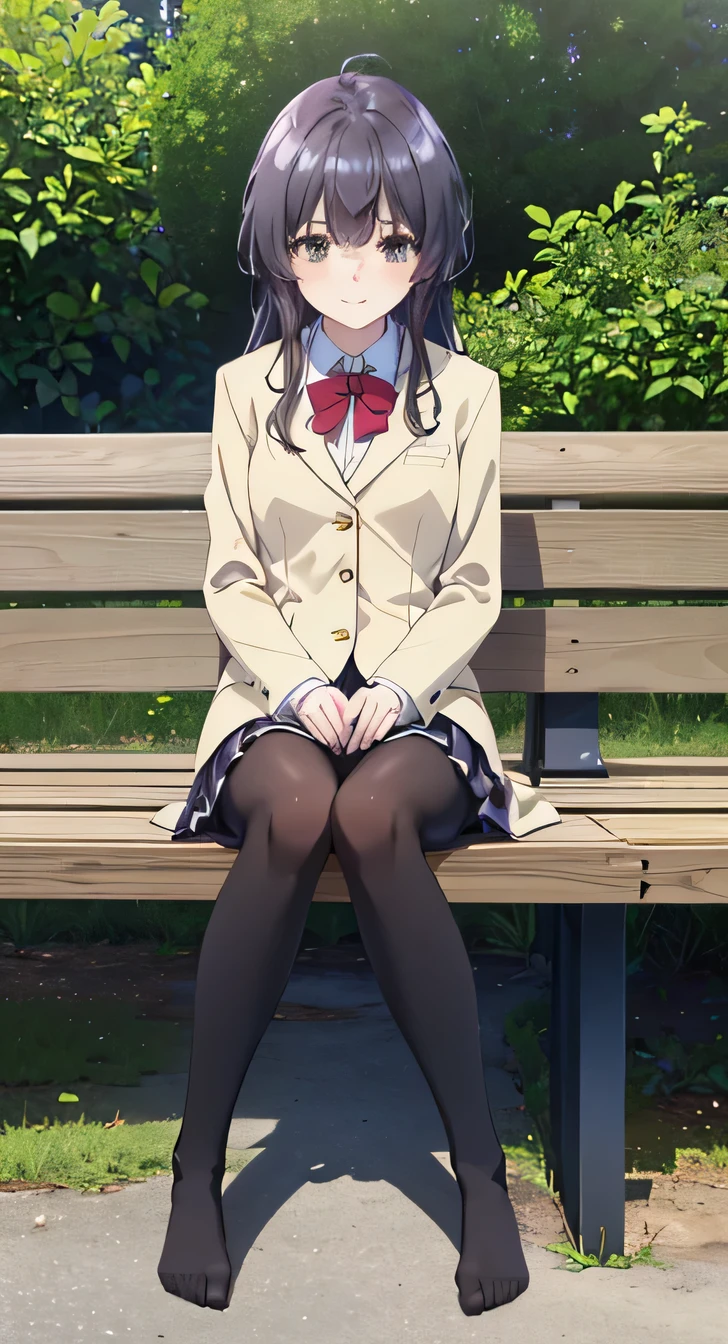 high quality, masterpiece, High resolution, (Head to Toe full body), front, frontComposition from slightly below, Symmetric, Tall 18 year old girl, alone, (Head to Toe), (Small breasts), Black Hair, bangs, (black tights), (Black Pantyhose), (Sit with your legs apart), (Crouching pose), ( (Sit on a bench with your legs spread), (M-shaped feet), Thin legs, Very beautiful tall 18 year old girl, (No shoes), smile、 Looking into the camera, blazer uniform, Checkered Pleated Skirt