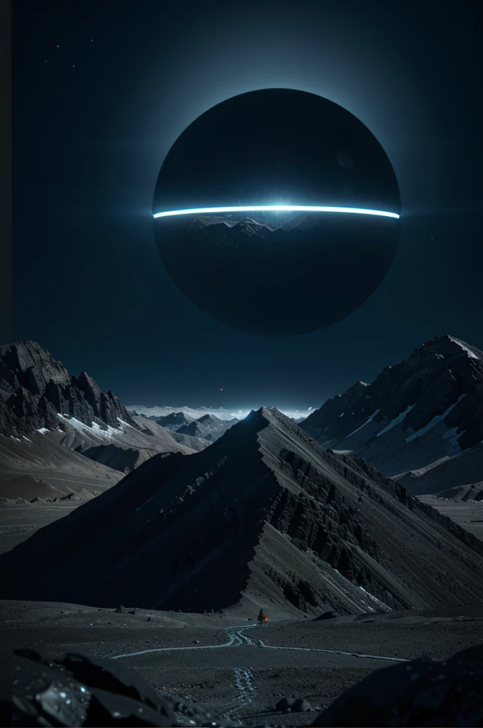 cinematic film still Cyber sci-fi style, close-up of a mountain in the distance with a blue moon in the background, stunning alien planet landscape, black rocks with a glowing black mechanical platform on the ground, surreal 3d landscape style, rendered in cinema4d style, minimalist stage design, layered surface