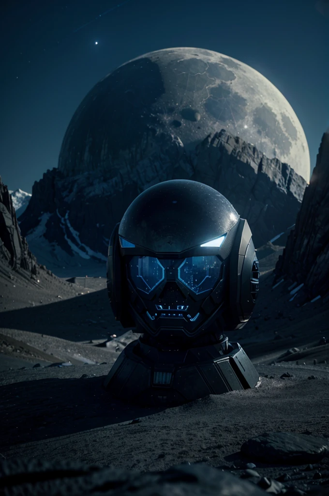 cinematic film still Cyber sci-fi style, close-up of a mountain in the distance with a blue moon in the background, stunning alien planet landscape, black rocks with a glowing black mechanical platform on the ground, surreal 3d landscape style, rendered in cinema4d style, minimalist stage design, layered surface