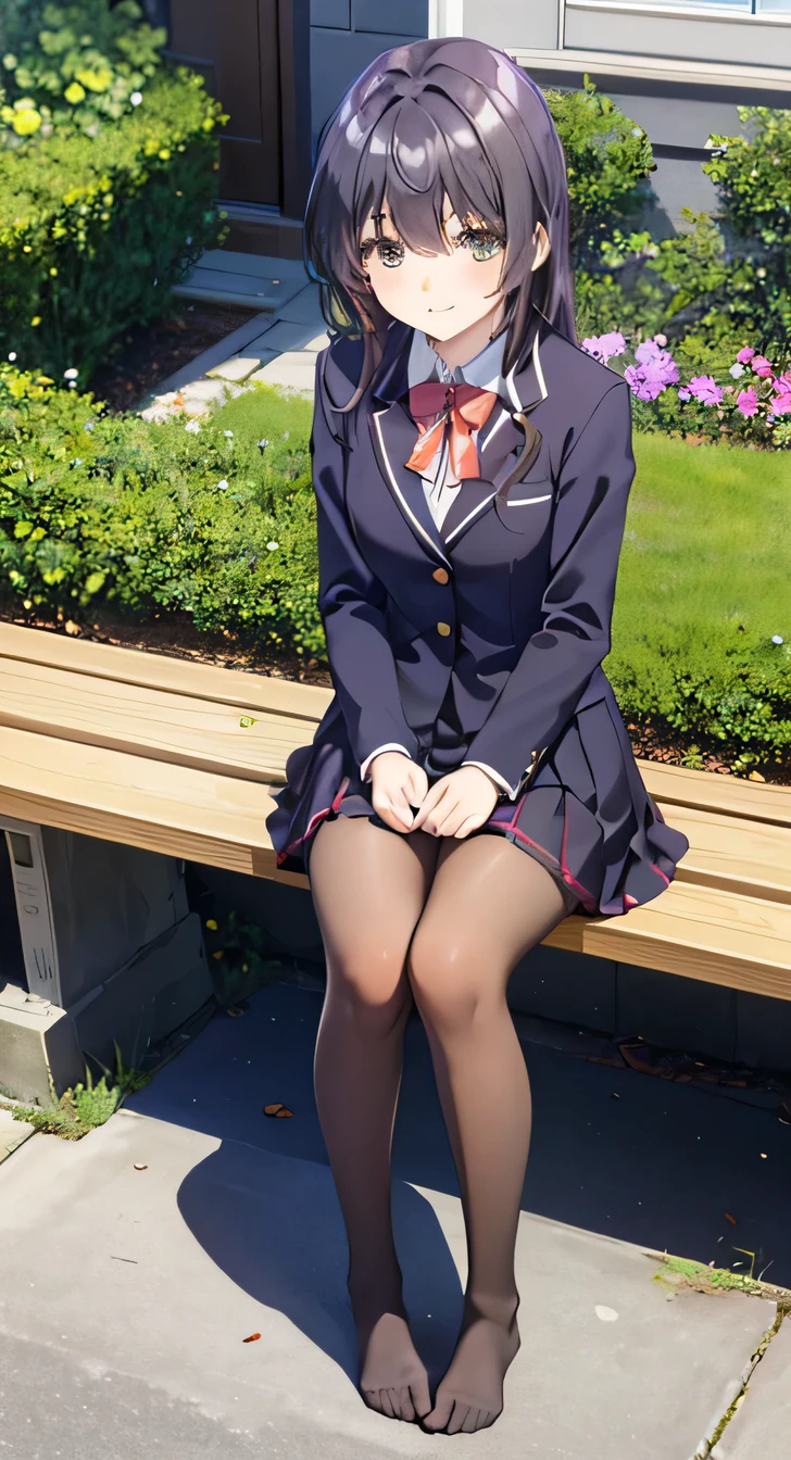 high quality, masterpiece, High resolution, (Head to Toe full body), front, frontComposition from slightly below, Symmetric, Tall 18 year old girl, alone, (Head to Toe), (Small breasts), Black Hair, bangs, (black tights), (Black Pantyhose), (Sit with your legs apart), (Crouching pose), ( (Sit on a bench with your legs spread), (M-shaped feet), Thin legs, Very beautiful tall 18 year old girl, (No shoes), smile、 Looking into the camera, blazer uniform, Checkered Pleated Skirt