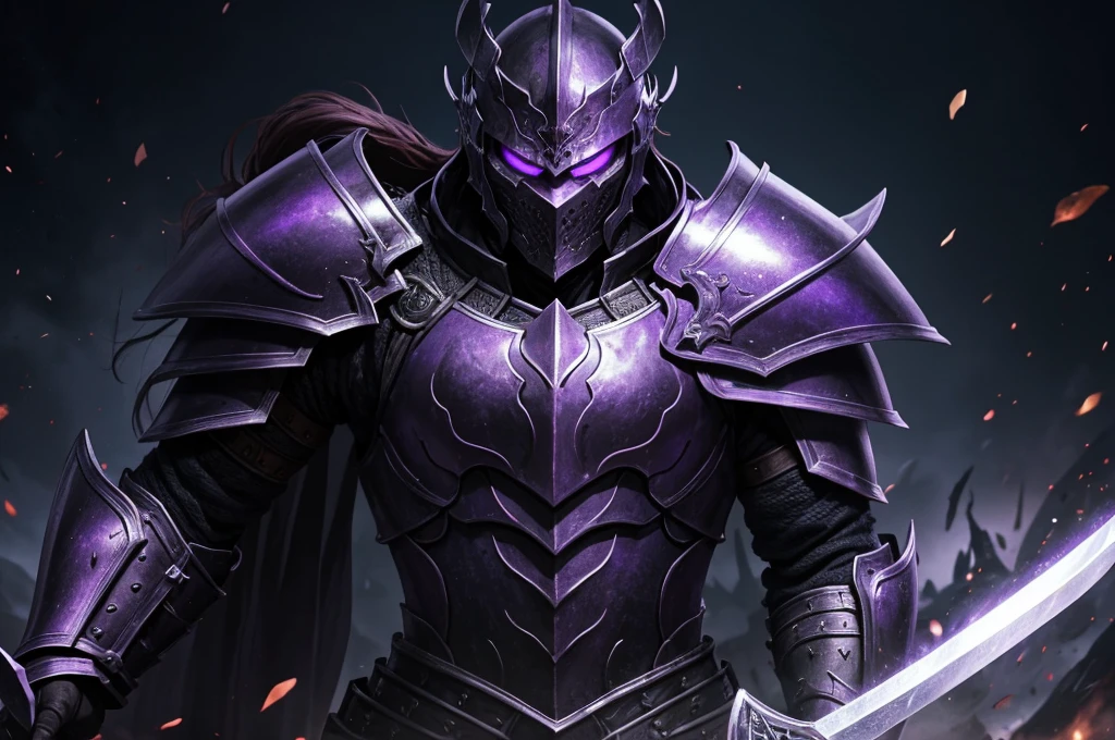 Close-up of a man with a sword and armor, purple armor, black purple armor, purple armor демона, Black fire-reflective armor, Demon Warrior, blood knight, Heavy Armor and Sword, God of War, dragon knight, Demon Warrior, black and purple reflective armor, Ruler of Hell, Ian J., purple armor, king of slag