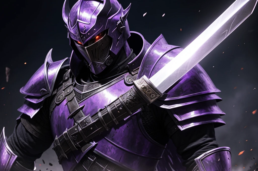 Close-up of a man with a sword and armor, purple armor, black purple armor, purple armor демона, Black fire-reflective armor, Demon Warrior, blood knight, Heavy Armor and Sword, God of War, dragon knight, Demon Warrior, black and purple reflective armor, Ruler of Hell, Ian J., purple armor, king of slag
