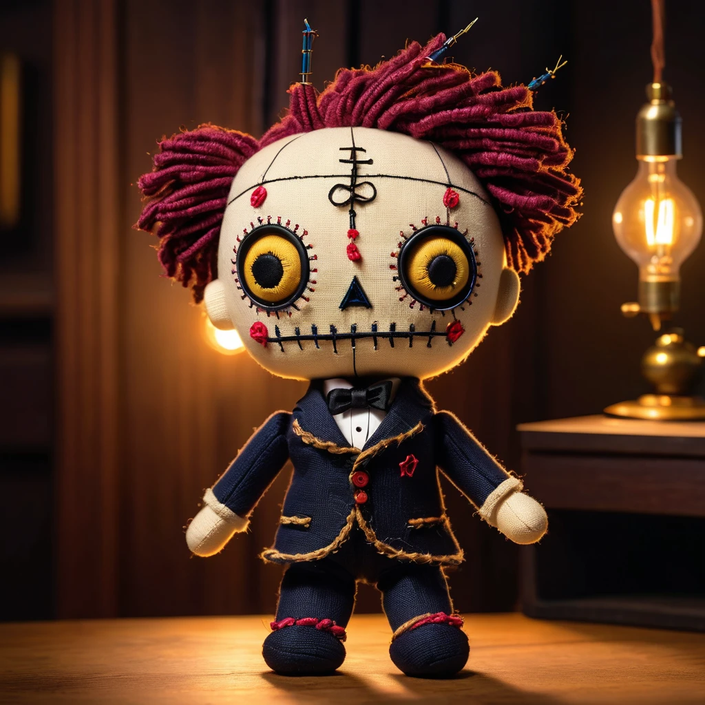 (knitted voodoo doll toy:1.5), (Voodoo stitches in the form of dots and dashes:1.9), (Clothing: 19th century formal suit:1.0), (Accessories: enchanted telegraph key emitting sparks of communication magic, floating spectral dots and dashes:1.1), (background: mystical telegraph office with floating telegraph wires, glowing Morse code symbols and spectral operators:1.2),, best quality, masterpiece, detailed soft oil painting, detailed background, dramatic cinematic lighting, soft edge lighting, professional, dramatic lighting, hard edge lighting, ultra quality, 4k, masterpiece, best quality, 8k, ultra high definition, high resolution, extremely detailed