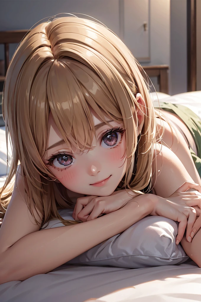 (Best Quality,High resolution,8K,finelity detailed background,Masterpiece:1.2),beautiful girl,Shiny khaki hair,messy hair,Khaki Eyes,Gentle look,A refreshing look,Best quality,Best Quality,Aesthetic and aesthetic:1.2,Best details((Super detailed))(High-definition CG illustrations),cuteパジャマ,Slender body,night,Moonlight,Bedroom,On the bed,smile,blush,cute,Scrounge,Looking up,Being spoiled,super model,wariza,shoot from below