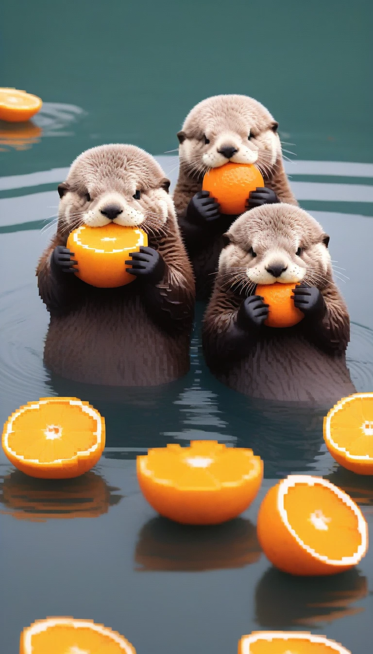 Four sea otters floating in the ocean、Holding a tangerine in both hands、character