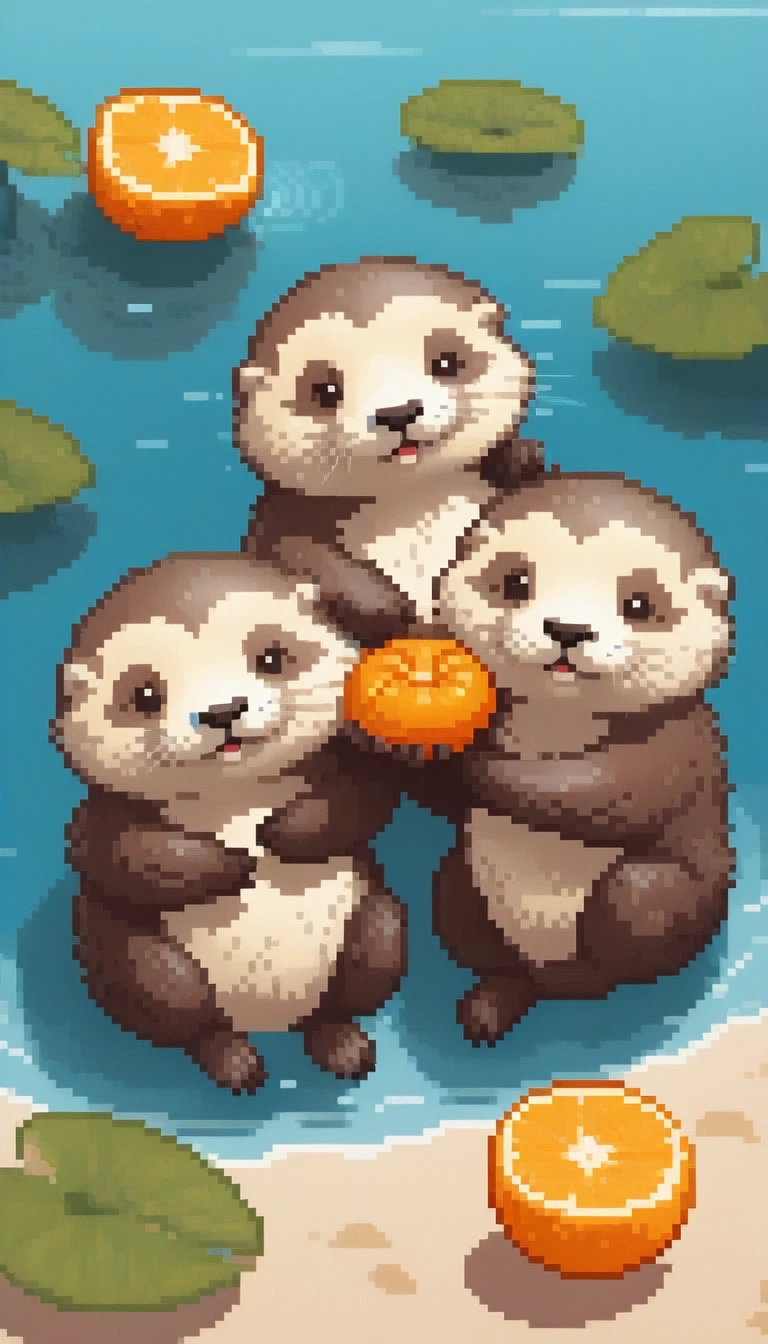 Four sea otters floating in the ocean、Holding a tangerine in both hands、character