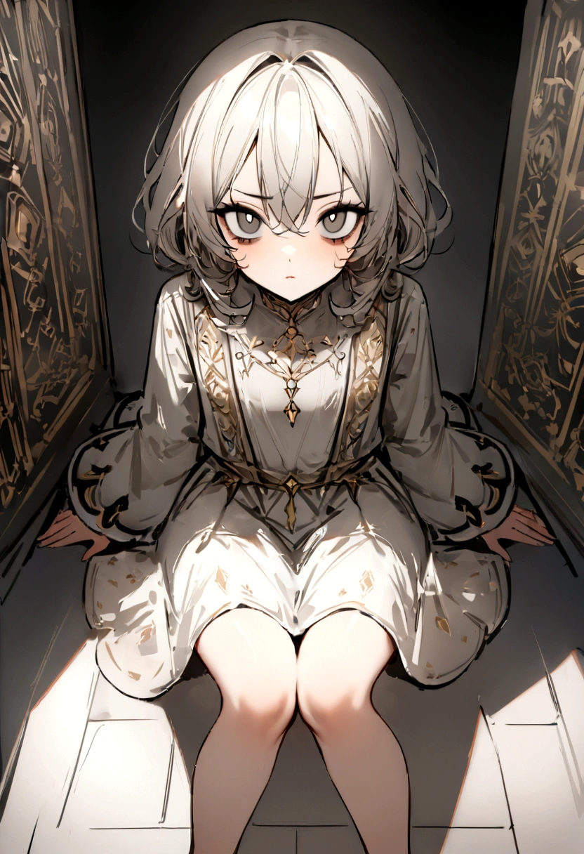 (work of art, best qualityer, ultra detali), 1 girl, KureKarura, gray sclera, white pupils, gazing at viewer, sitting down, in town, Aloneeyes:detaileds: detaileds como cílios longos e espessos, Well-defined eyebrows and bags under the eyes are commonly used to enhance the expressiveness of the eyes and add personality to characters.. Functions: Emotional expression: Anime eyes are powerful tools for communicating emotions. Your size, forma, color and brightness can change instantly to convey joy, suru, anger, SURPRISE, fear and other complex emotions.