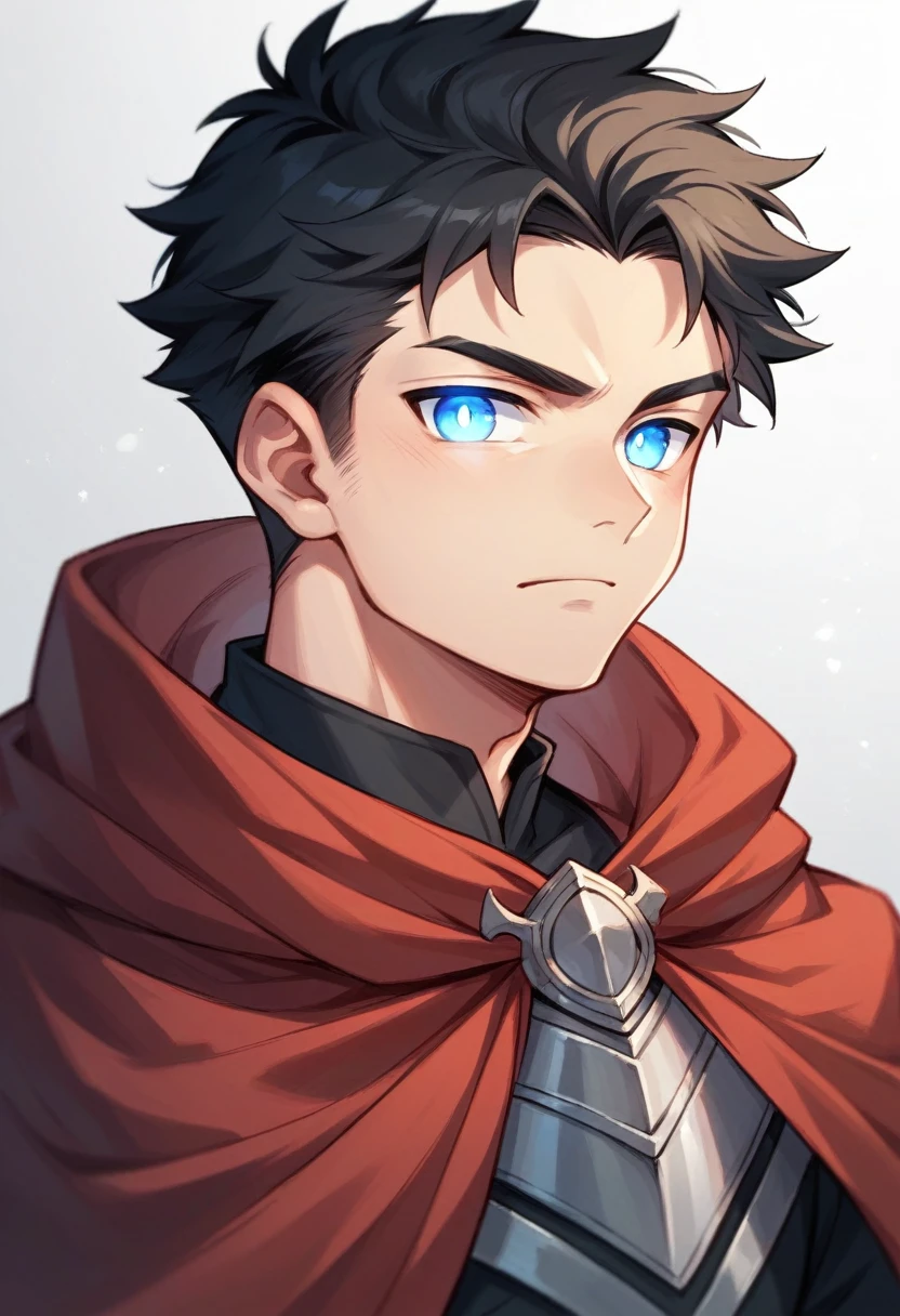 Male, solo, handsome, black hair, blue eyes, glowing eyes, red cloak, young, half body