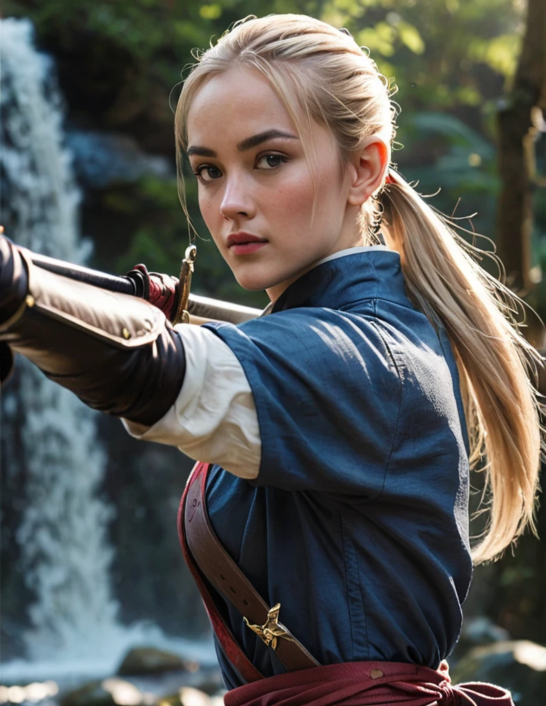 (masterpiece, top quality, best quality, ,ultra highres,8k, ,wallpaper, RAW, intricate details, sharp focus, natural lighting, realistic, professional, delicate, amazing finely detailed, Beautiful and beautiful:1.2), (1 girl:1.3),Very detailed,(rich and colorful:1.1),A beautiful woman, blonde hair ponytail style, assassin/waterfall, soft light,arms,sword,bow