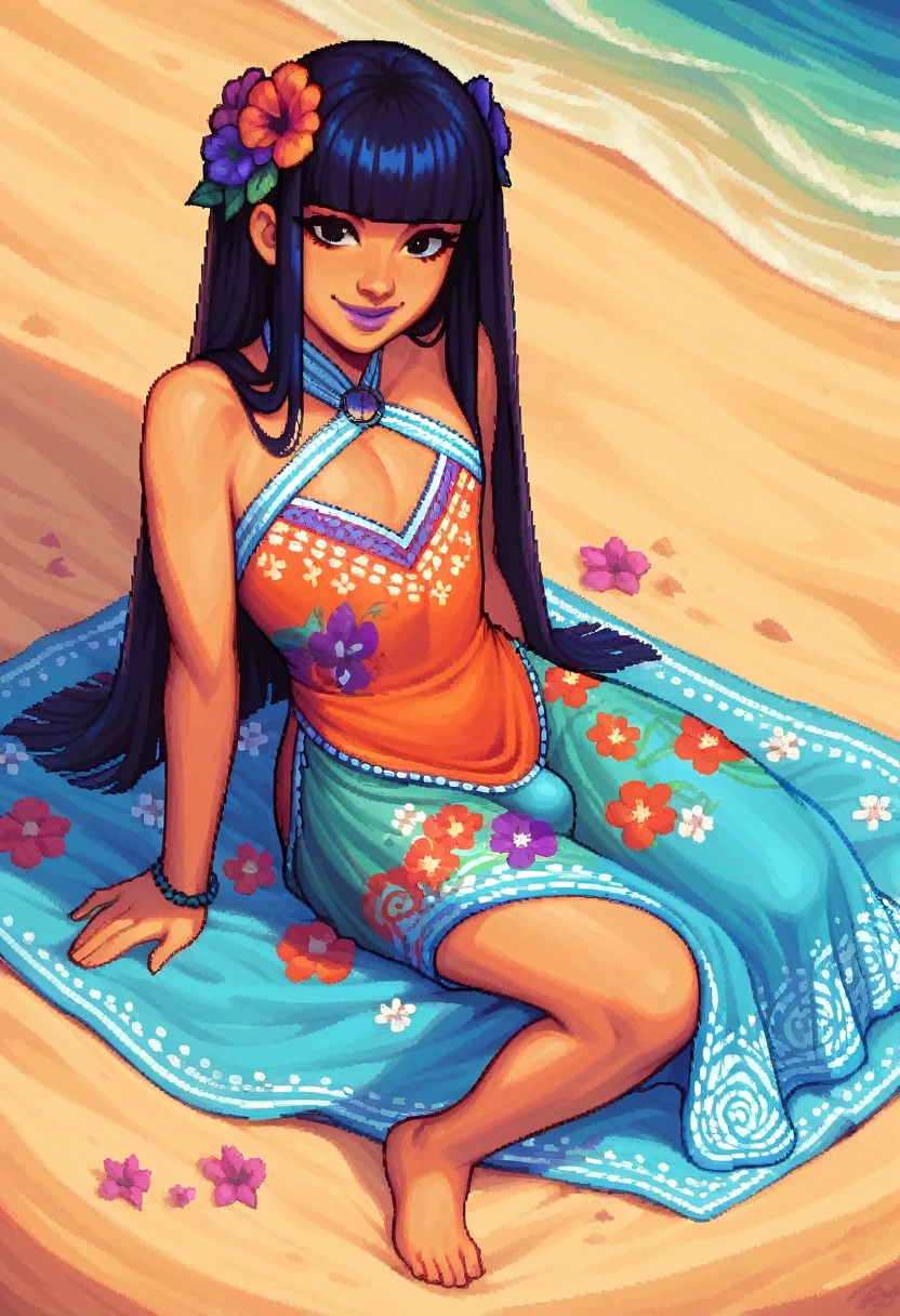 score_9, score_8_up, score_7_up, pixel art, 1femboy, beach background, Asian, traditional polynesian dress, , sunny, lovely, hime cut hair, gentle smile, purple lips, black eyes, flowers in hair, penis outline
