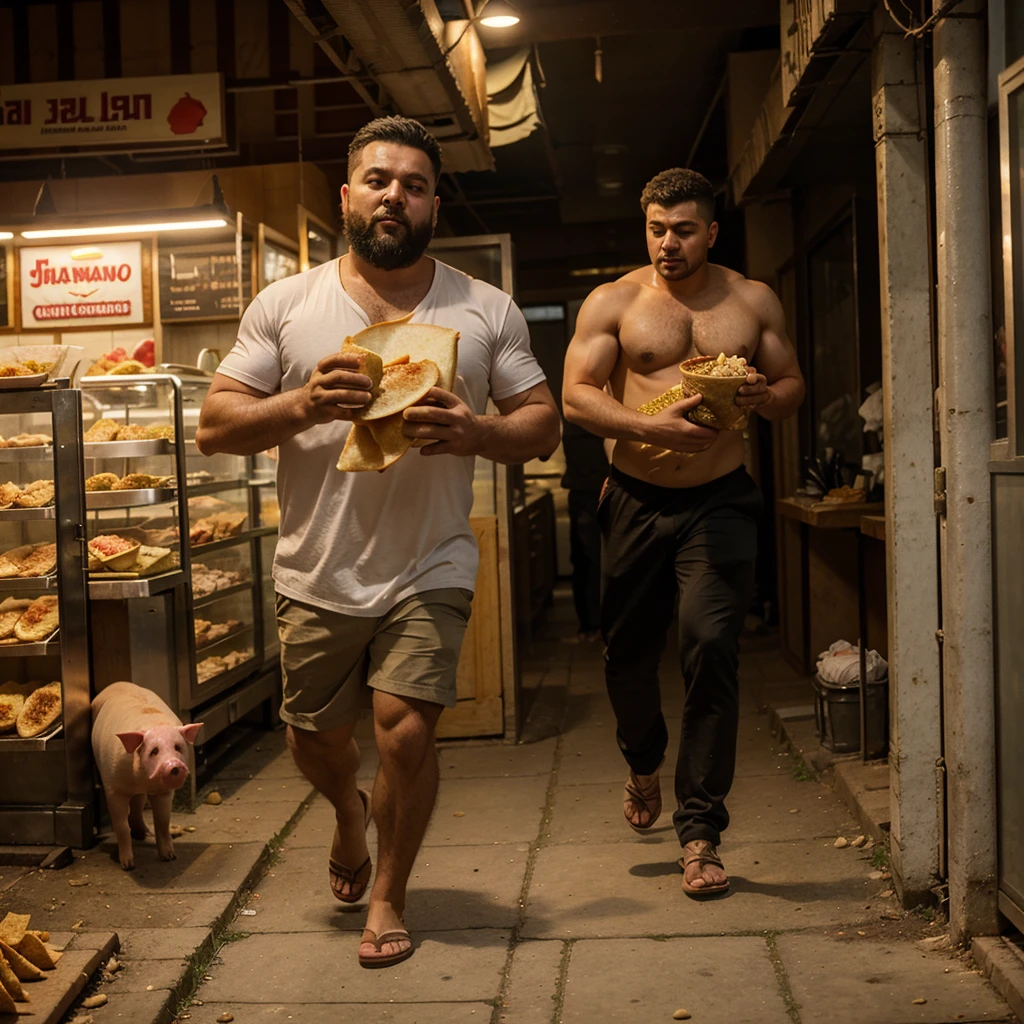 A man with shawarma in his hands runs away from a pig, escape from the pig, Shawarma, большая Shawarma, огромная Shawarma, man holding shawarma in two hands, a man quickly runs away from a pig, большая длинная Shawarma, shavuha is huge, lavash, a huge pig runs after a man