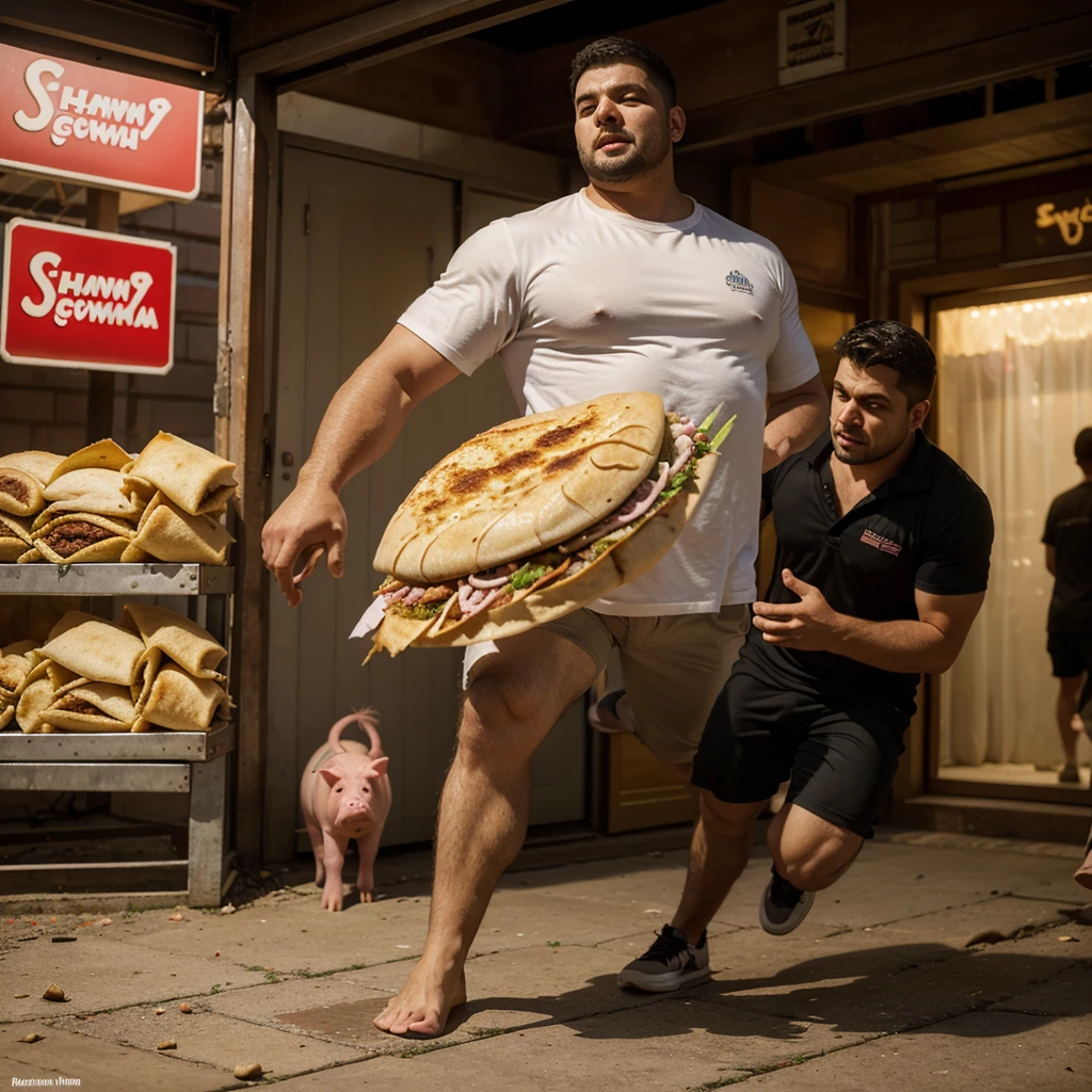 A man with shawarma in his hands runs away from a pig, escape from the pig, Shawarma, большая Shawarma, огромная Shawarma, man holding shawarma in two hands, a man quickly runs away from a pig, большая длинная Shawarma, shavuha is huge, lavash, a huge pig runs after a man